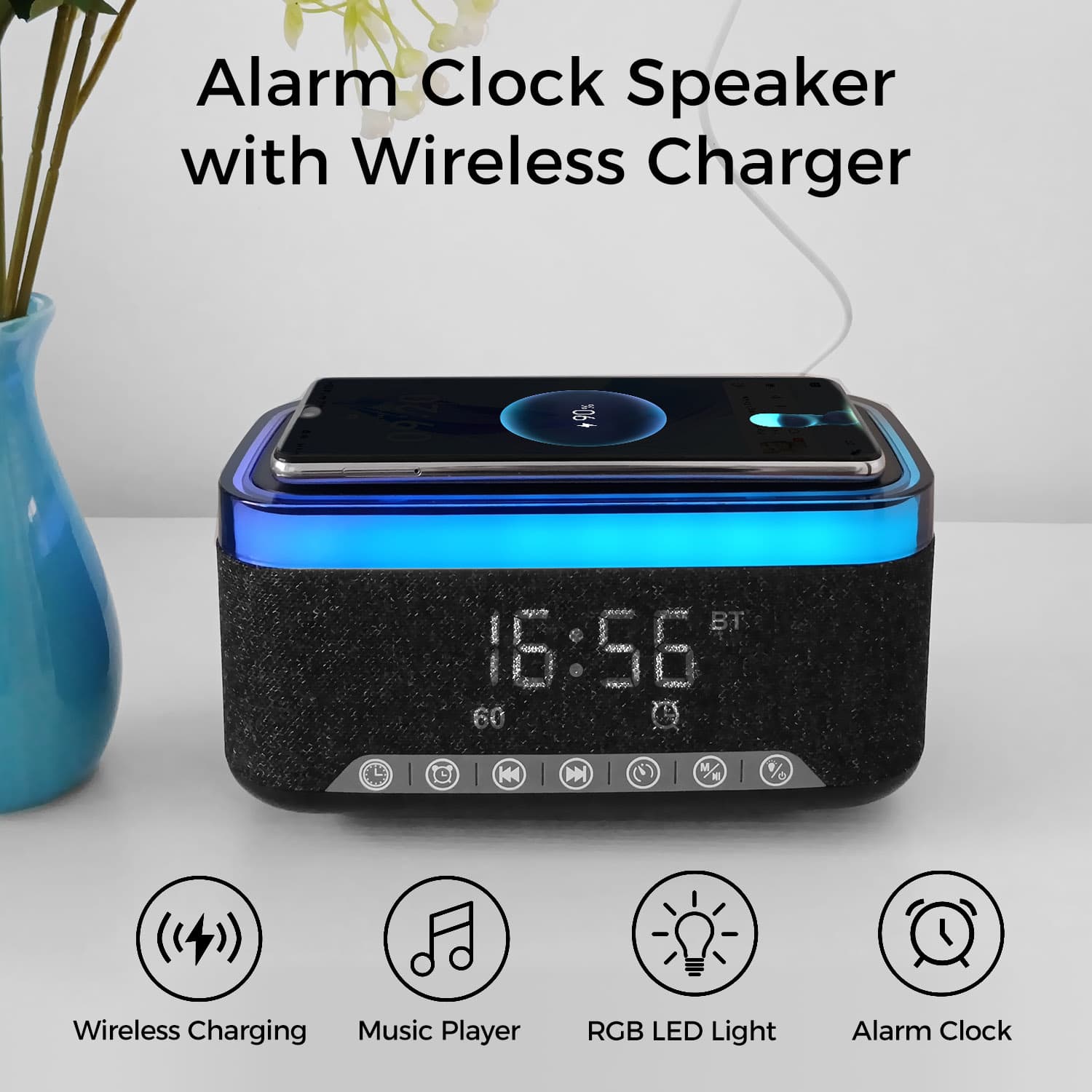 Bluetooth Speaker Alarm Clock w/ 15W Fast Wireless Charging, 13 Night Light modes, Rechargeable Battery, 10W Stereo Speaker, 12/24H Digital Clock, Sleep Timer, White Noise Mode, US