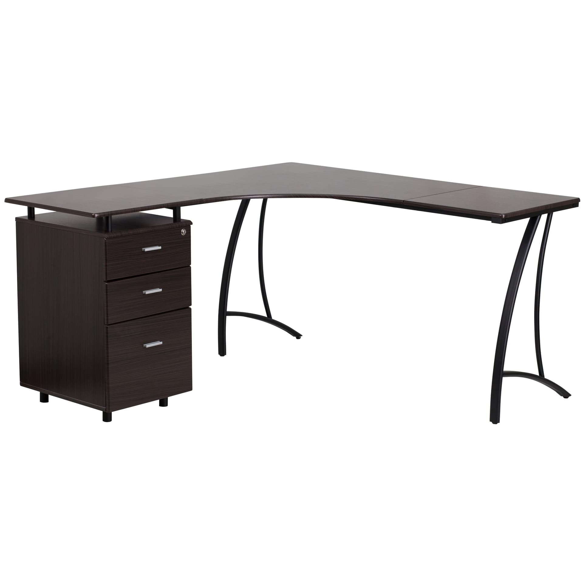 Walnut Laminate L-Shape Desk with Three Drawer Pedestal and Locking Drawers