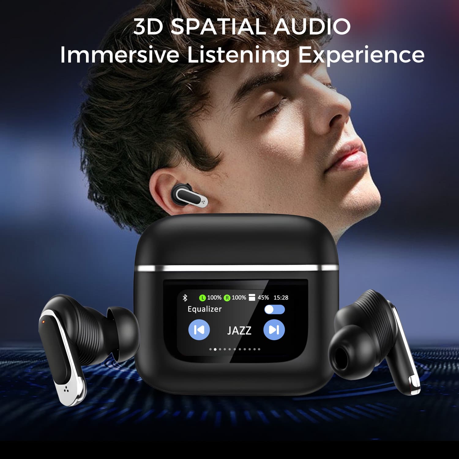 Wireless Bluetooth Earbuds w/LCD Full-color Touch Screen, True Noise Cancelling, 32H Playback, IP4 Waterproof, Lightweight, Wireless Charging Case, and More...