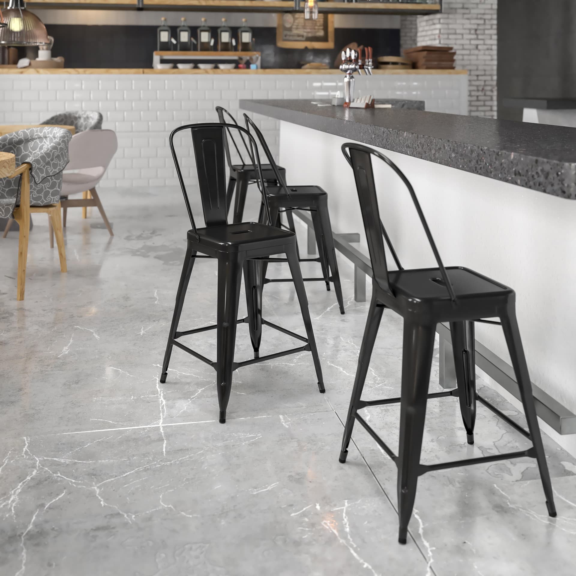 24" High Black Metal Indoor-Outdoor Counter Height Stool with Back