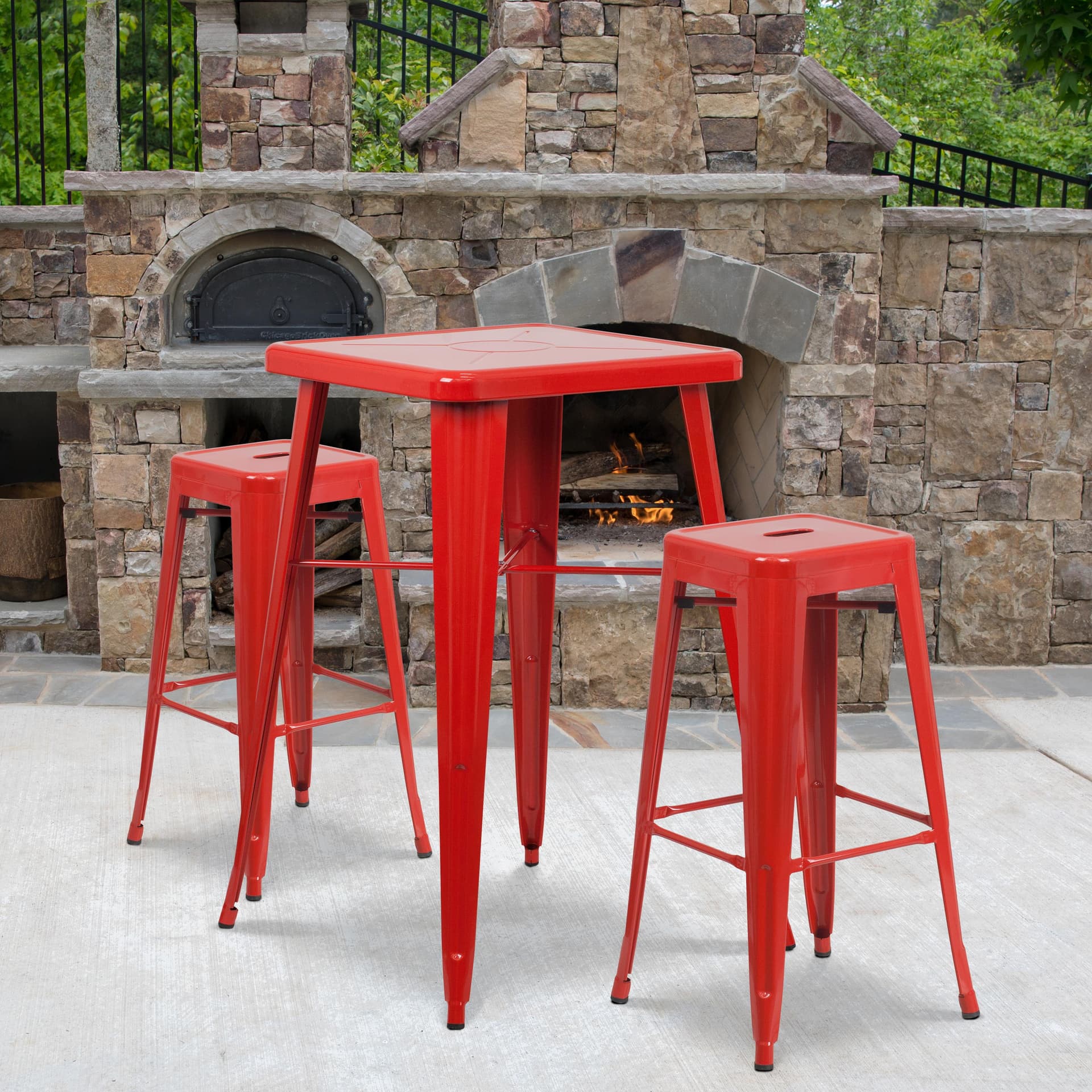 23.75" Square Red Metal Bar Table Set with 2 Square Seat Backless Stools
