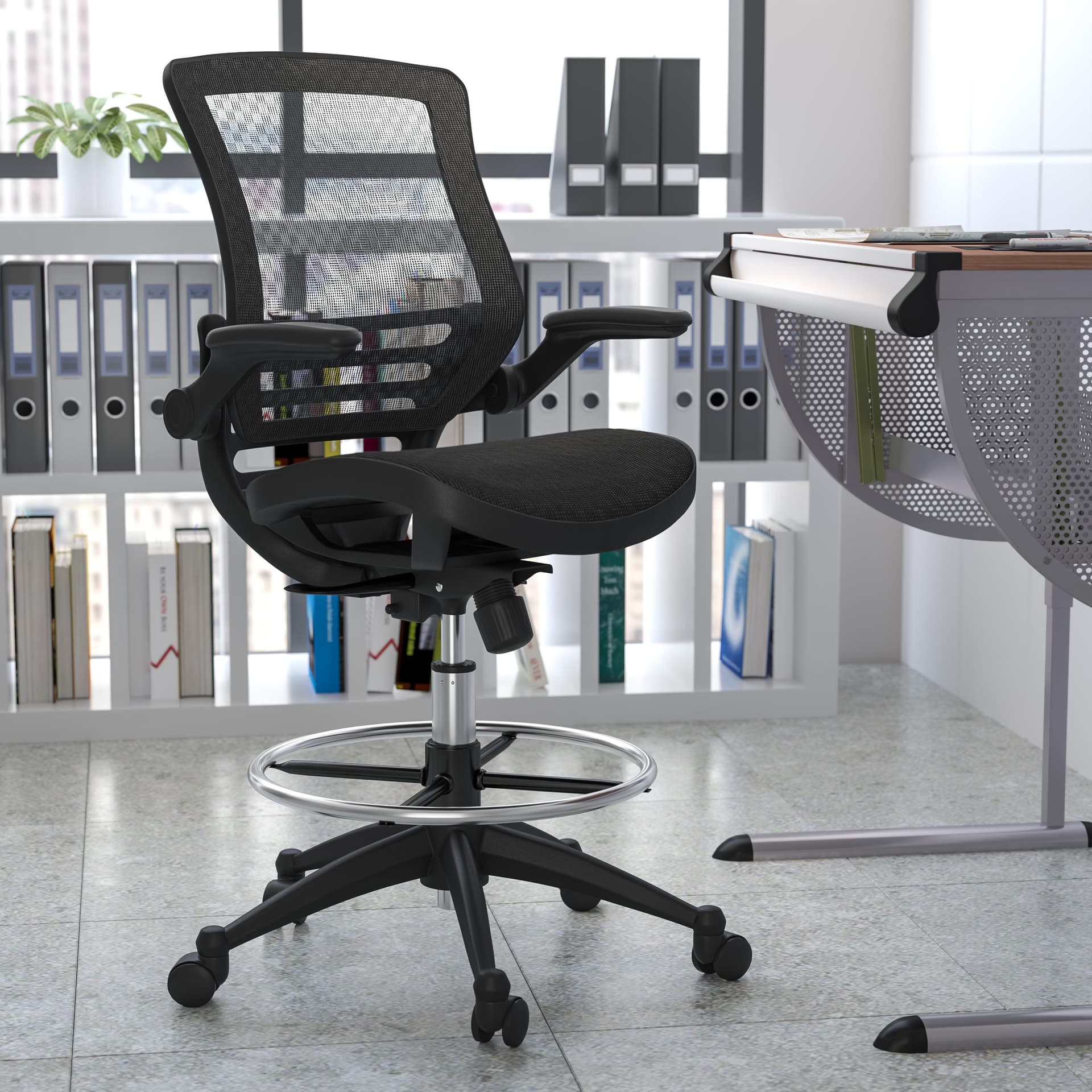 Black Mid-Back Transparent Mesh Drafting Chair with Black Frame and Flip-Up Arms