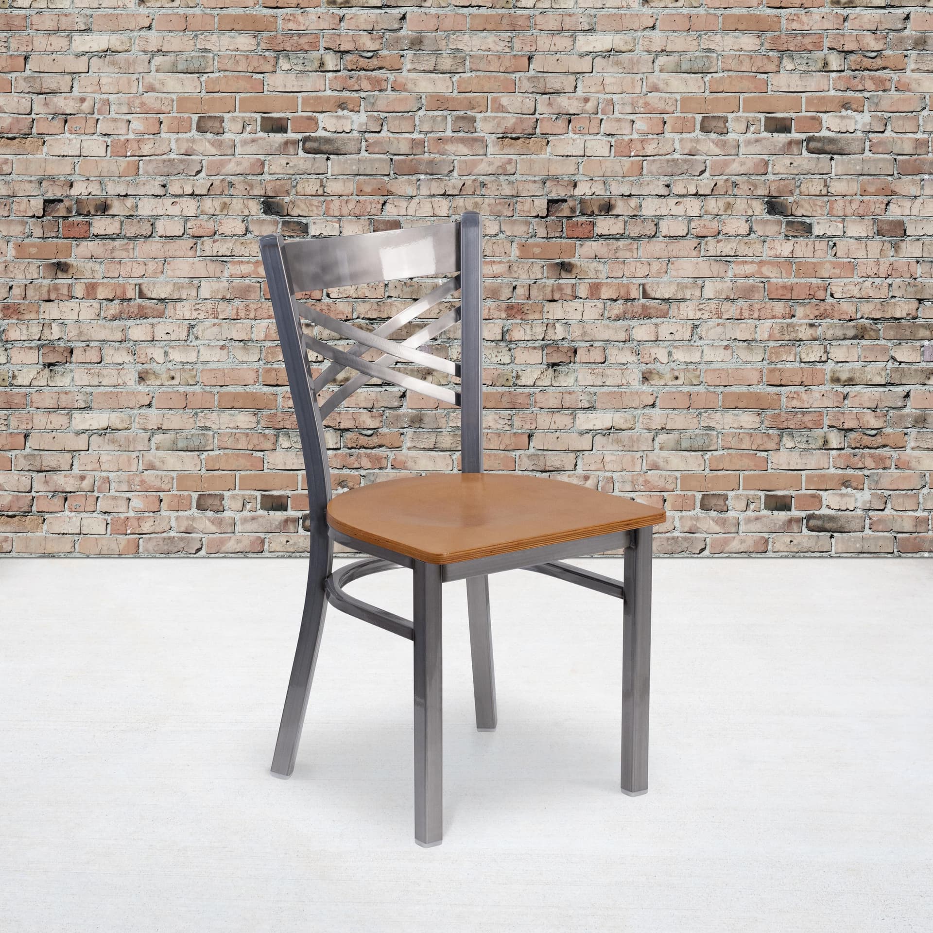Clear Coated "X" Back Metal Restaurant Chair - Natural Wood Seat