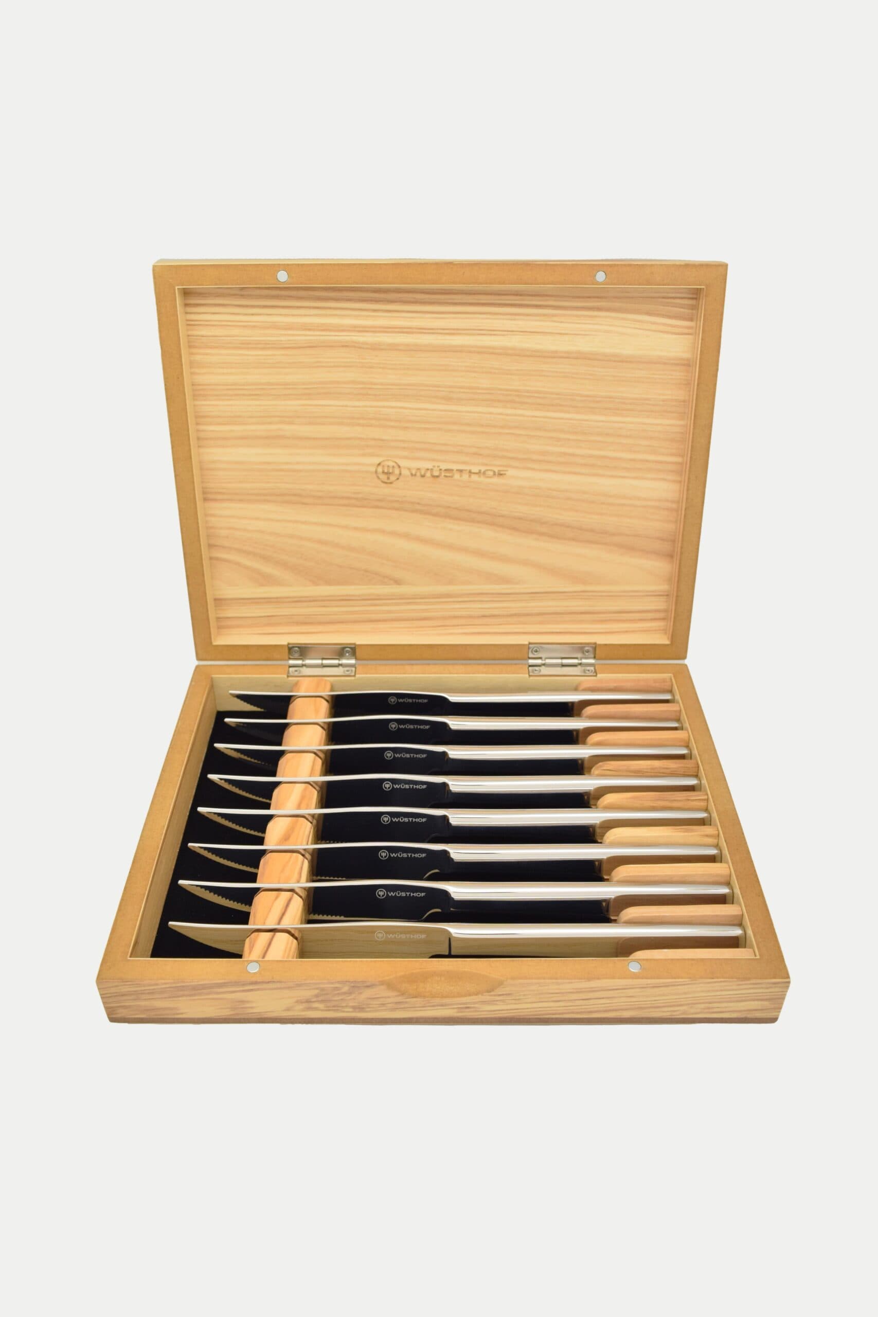 Stainless Eight Piece Steak Knife Set In Olivewood Chest
