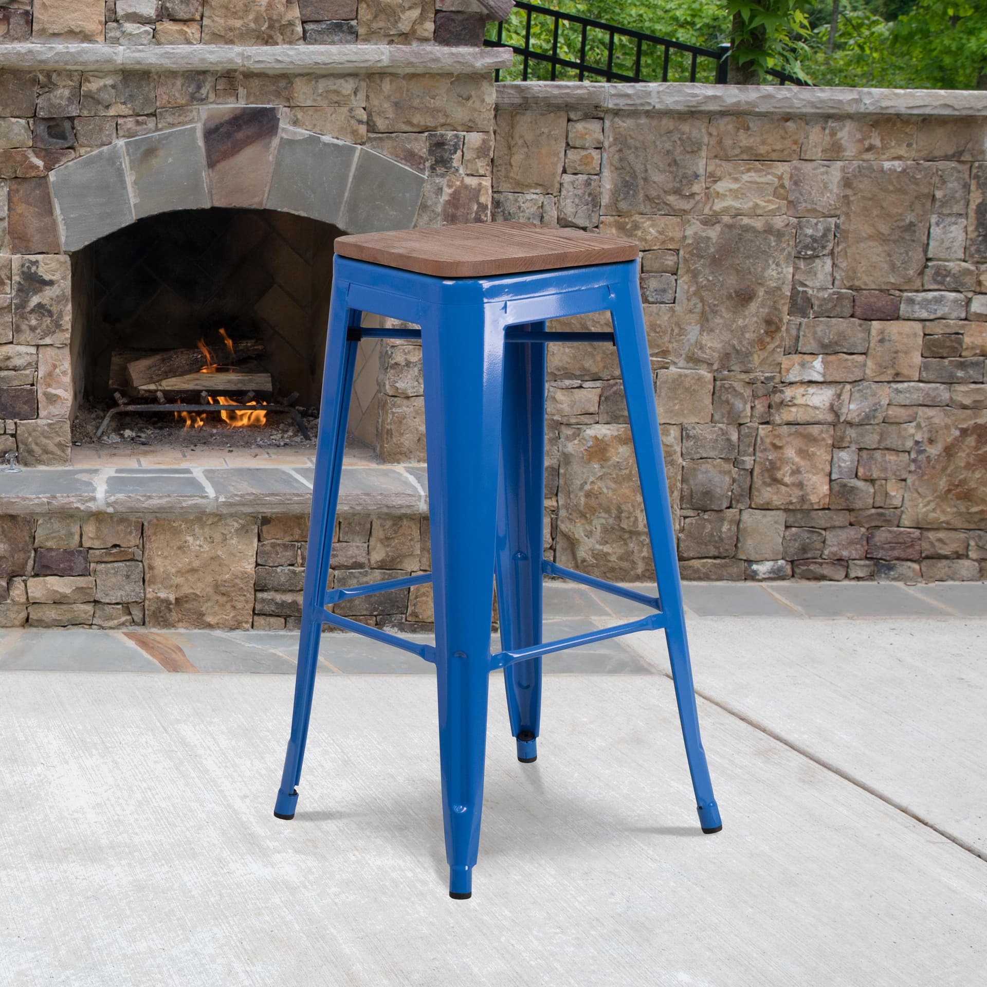 30" High Backless Blue Metal Barstool with Square Wood Seat - Kitchen Furniture