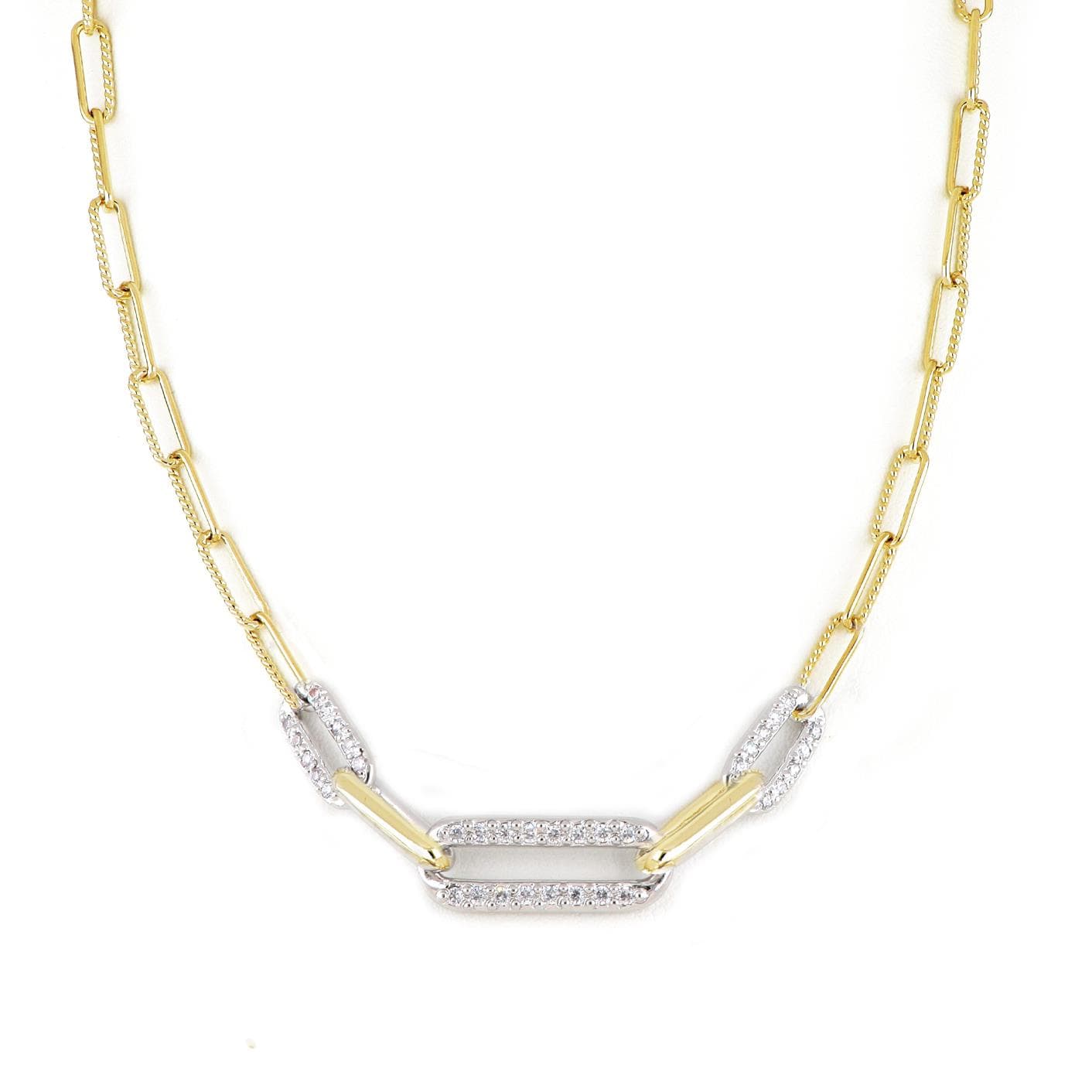 Diamante Three Link Pav Center Necklace - Gold. 16" chain Adjustable