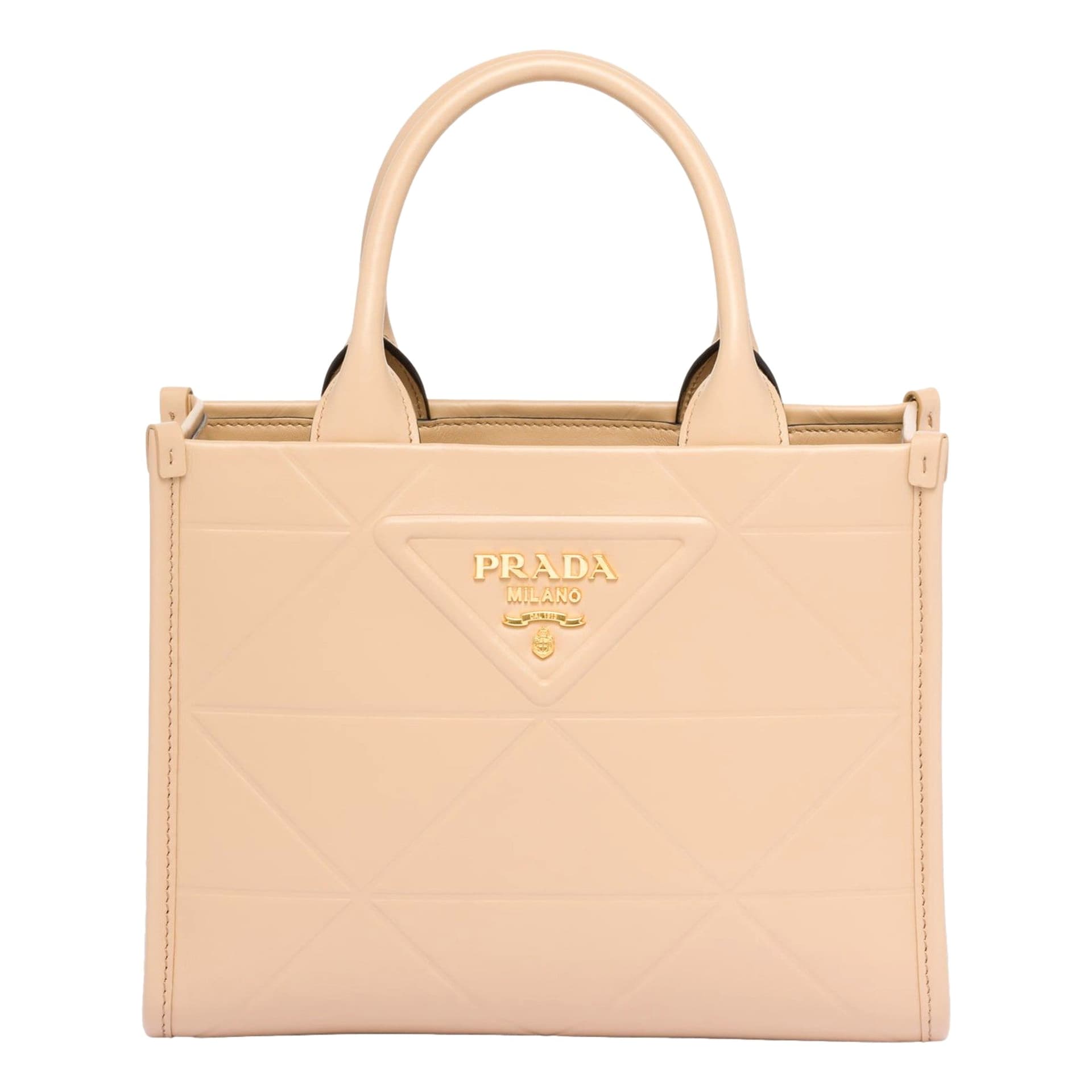 Prada Symbole Soft Calfskin Leather Sabbia Sand Triangle Quilted Mini Tote Bag