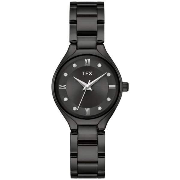Ladies' TFX Black IP Stainless Steel Watch w/ Crystal Markers Black Dial