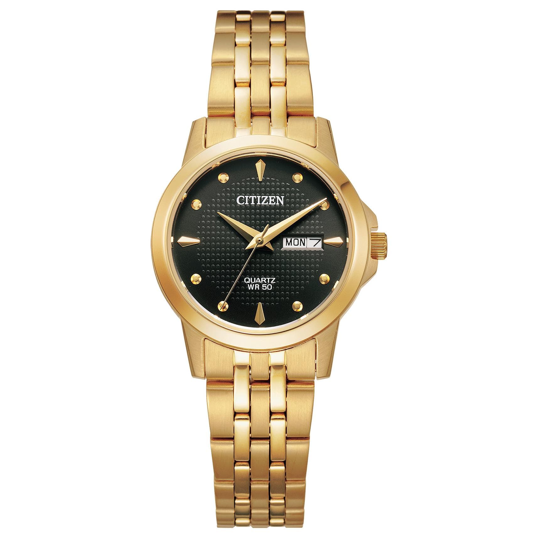 Ladies' Quartz Watch, Gold-tone with Black Dial