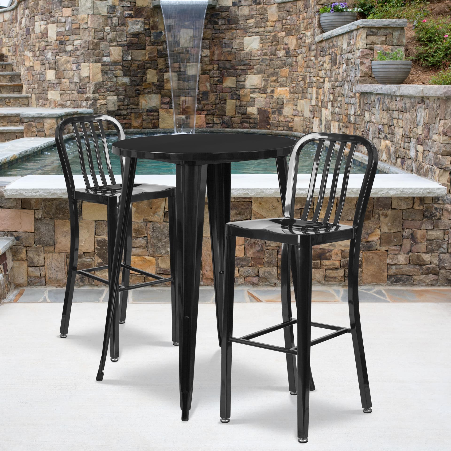 30" Round Black Metal Indoor-Outdoor Bar Table Set with 2 Slat Back Stools