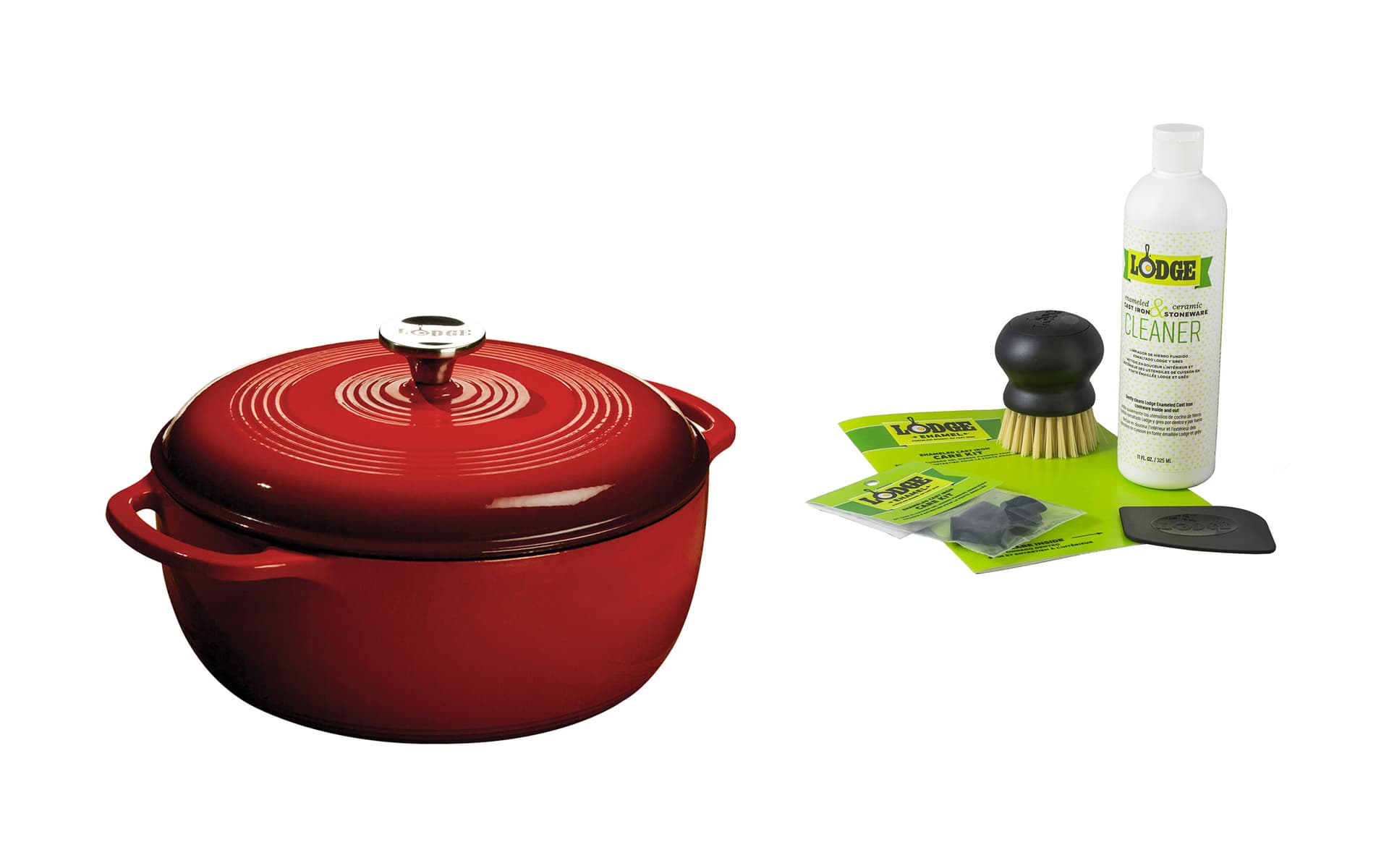 Lodge - 6 Qt Enamel Dutch Oven - Red & Enamel Cast Iron Care Kit