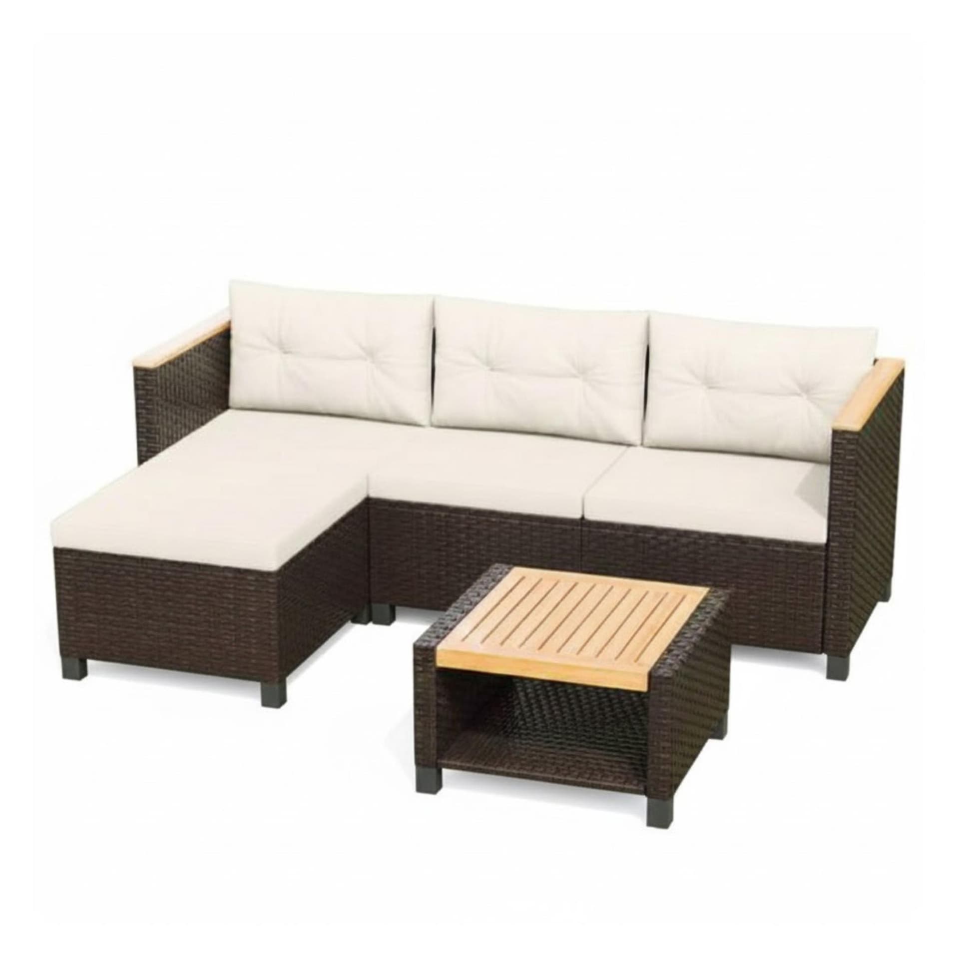 3-Piece L-Shaped Wicker Patio Set w/Beige Cushions & Acacia Wood Storage Table
