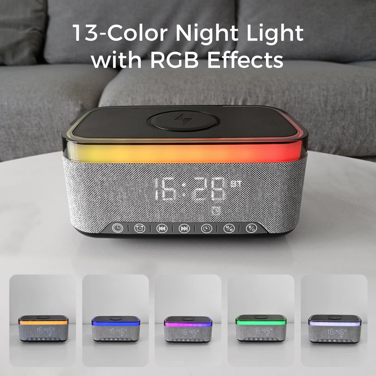 Bluetooth Speaker Alarm Clock w/ 15W Fast Wireless Charging, 13 Night Light modes, Rechargeable Battery, 10W Stereo Speaker, 12/24H Digital Clock, Sleep Timer, White Noise Mode, US