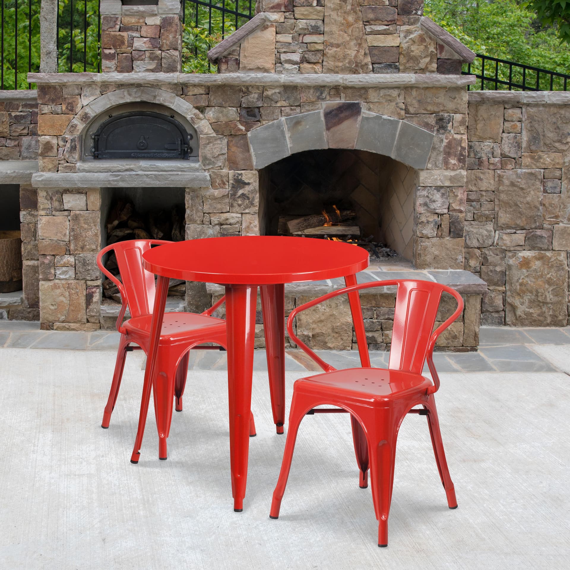 30" Round Red Metal Indoor-Outdoor Table Set with 2 Arm Chairs