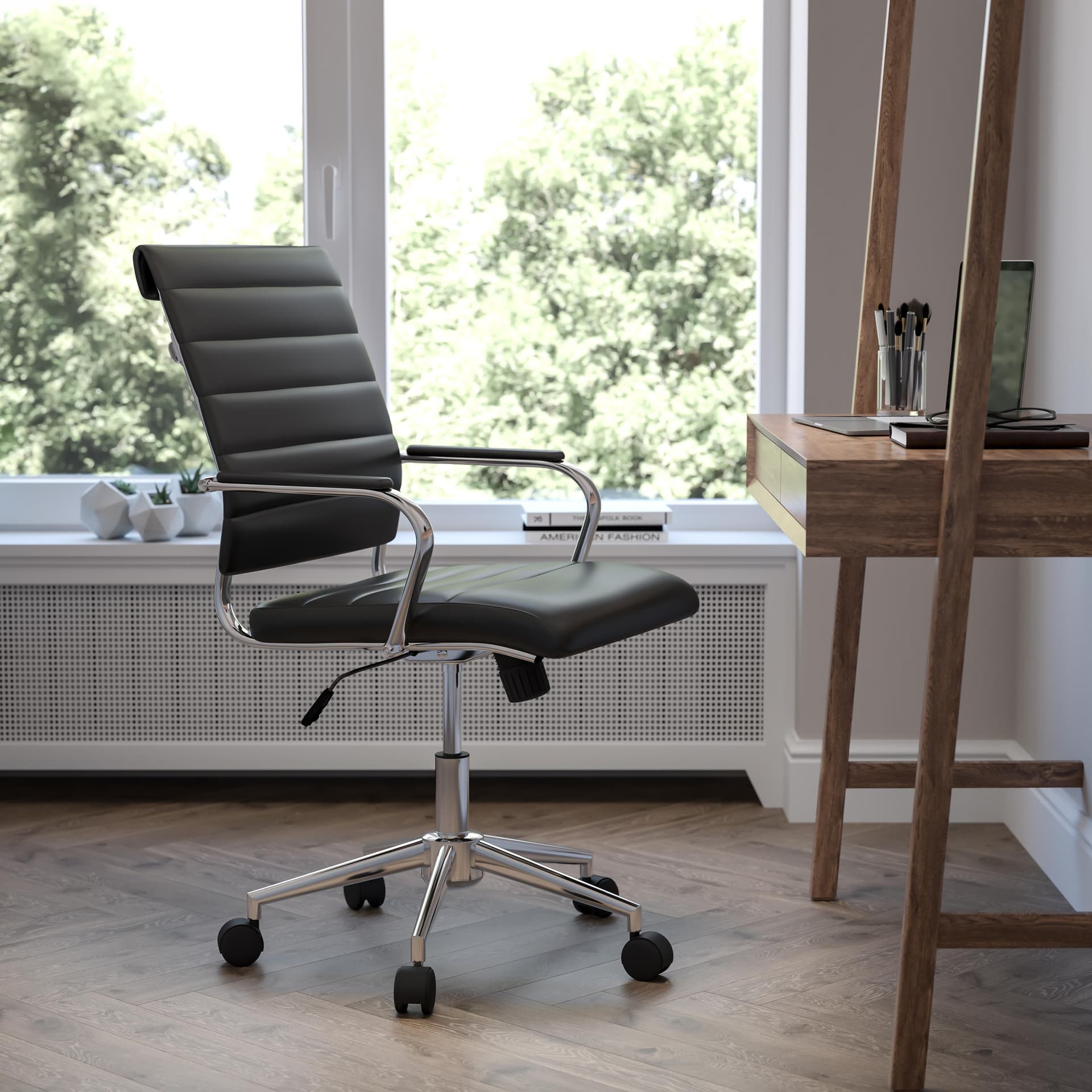Mid-Back Black LeatherSoft Ribbed Executive Swivel Office Chair - Desk Chair