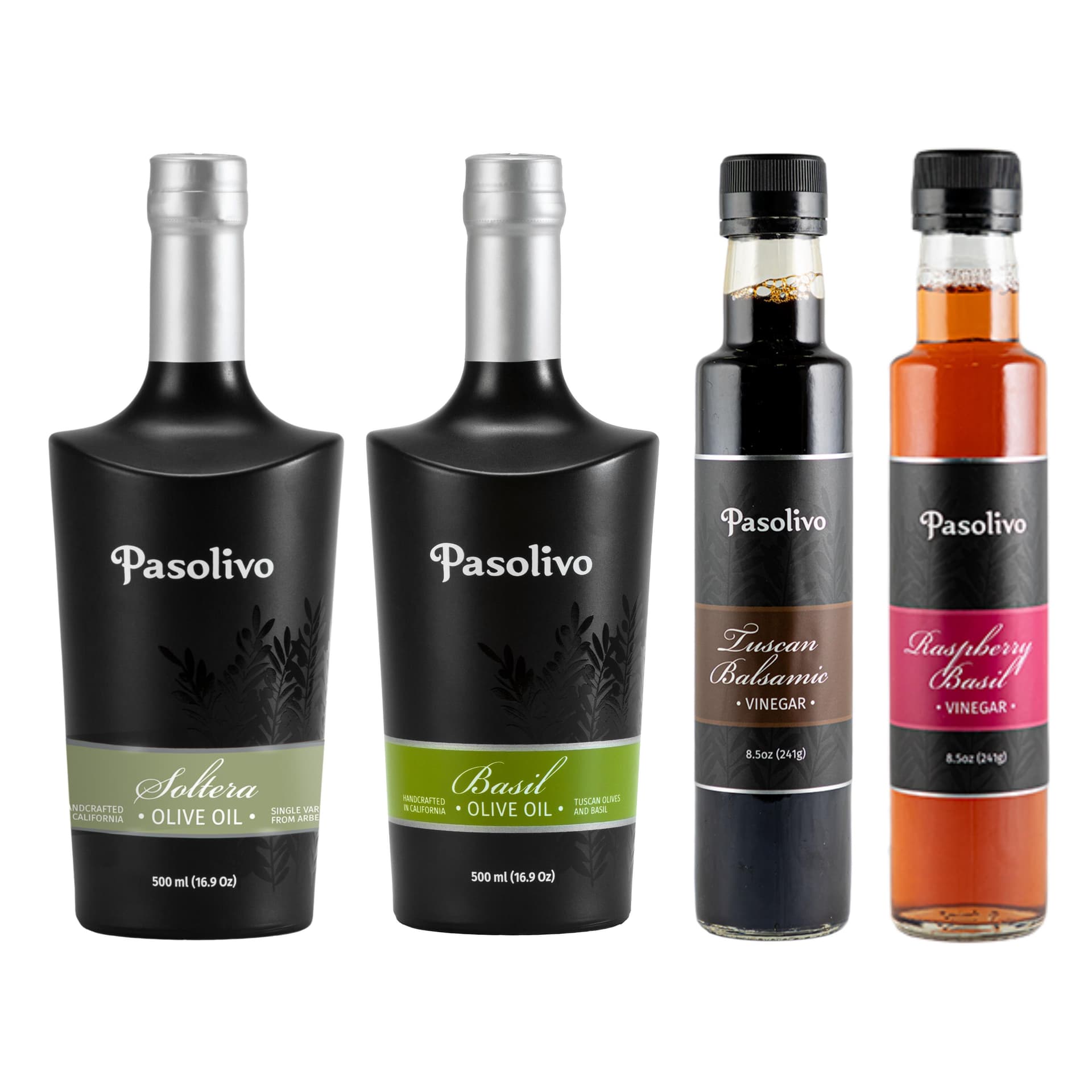 Extra Virgin Olive Oil, Basil Olive Oil, Tuscan Balsamic, Raspberry Basil Vinegar, 500mL,8.5oz