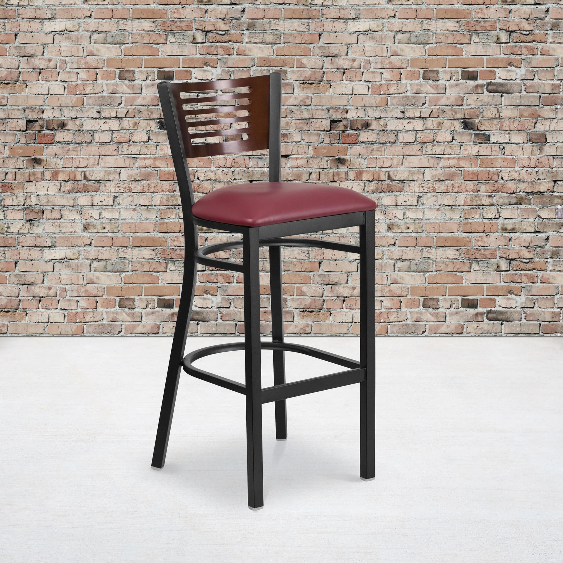 Black Slat Back Metal Restaurant Barstool - Walnut Back, Burgundy Vinyl Seat
