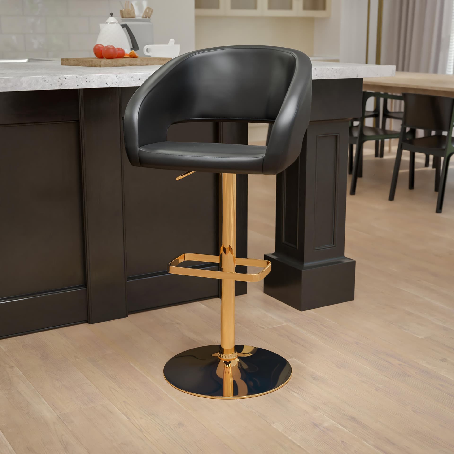 Black Vinyl Adjustable Height Barstool with Rounded Mid-Back and Gold Base