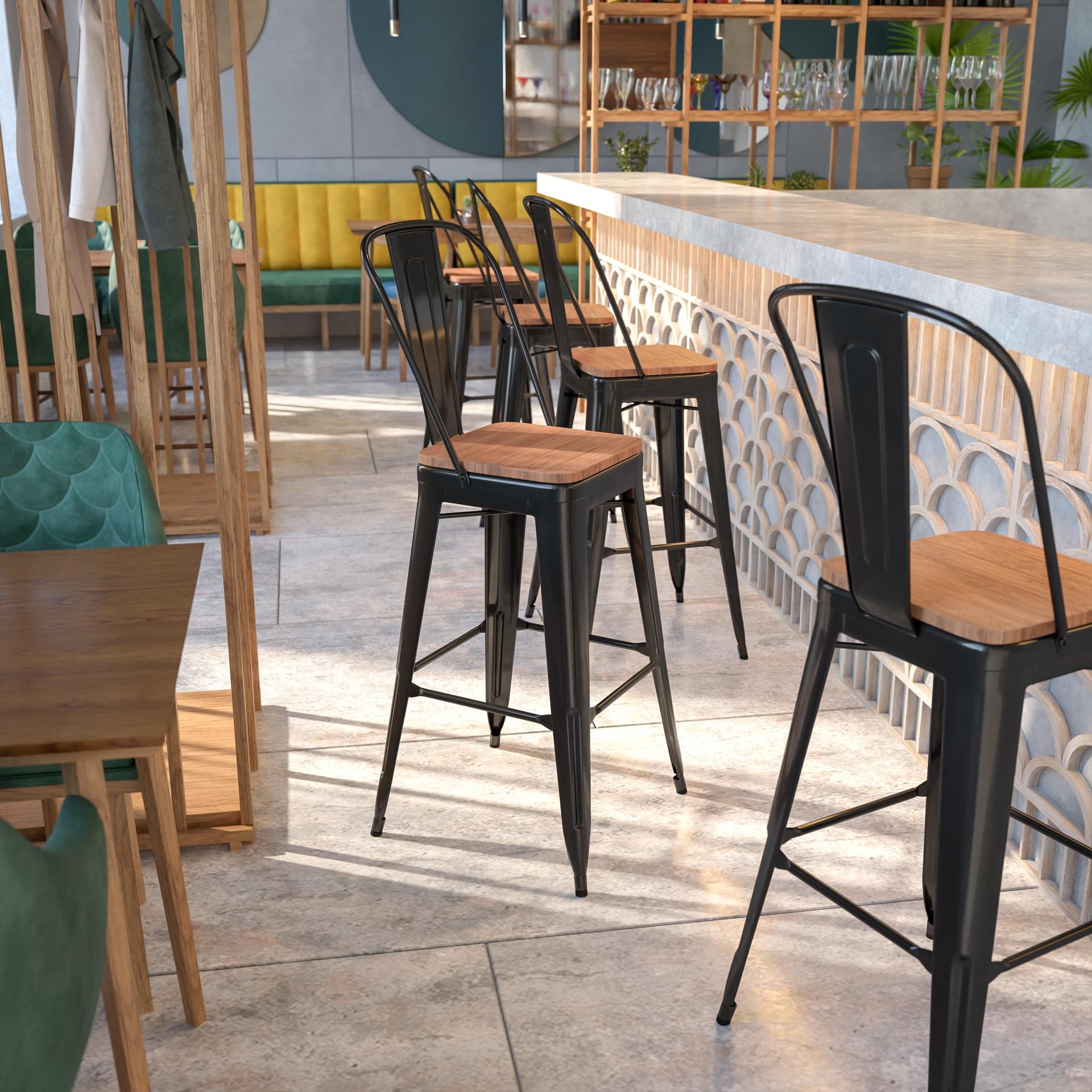 30" High Black Metal Barstool with Back and Wood Seat - Kitchen Furniture