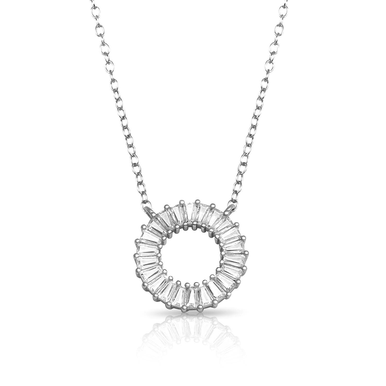 PARIKHS Rhodium Plated Open Circle Baguette CZ Necklace in 925 Sterling Silver