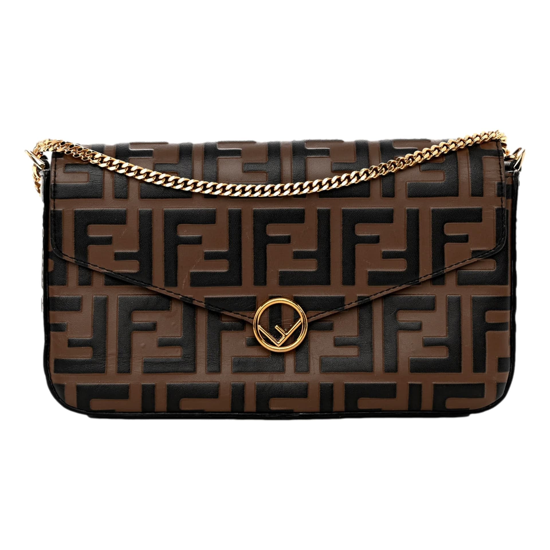 Fendi F is Fendi Brown Zucca Embossed Leather Envelope Wallet on Chain with Pouches