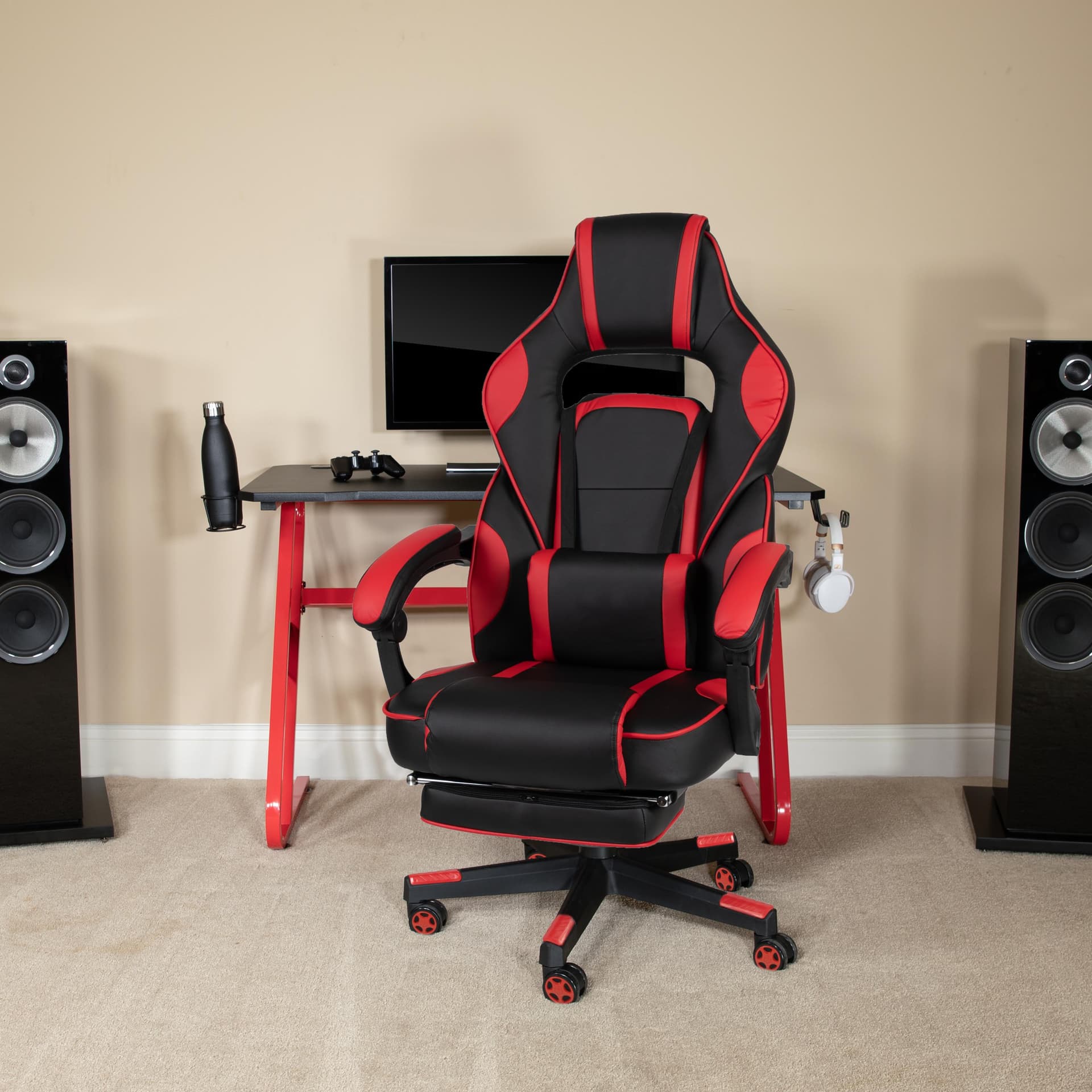 Red Ergonomic Gaming Chair - Reclining Back/Arms, Footrest, Massaging Lumbar