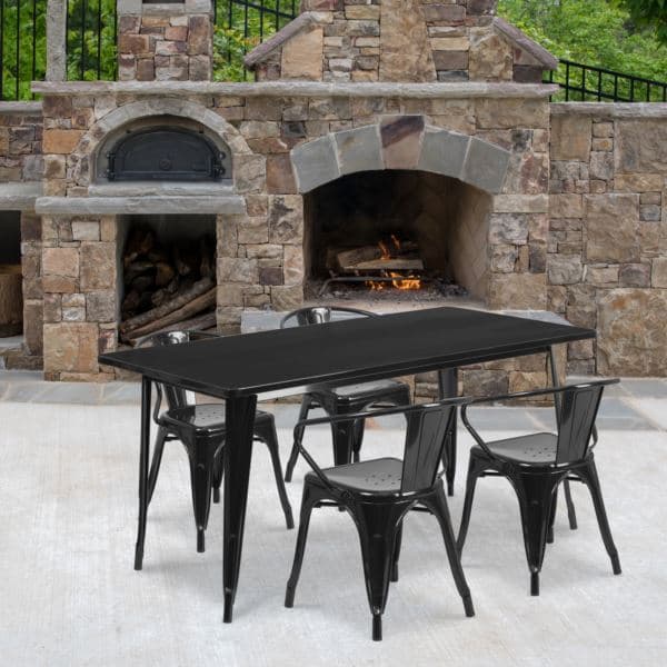 31.5" x 63" Rectangular Silver Metal Indoor-Outdoor Table Set with 4 Arm Chairs