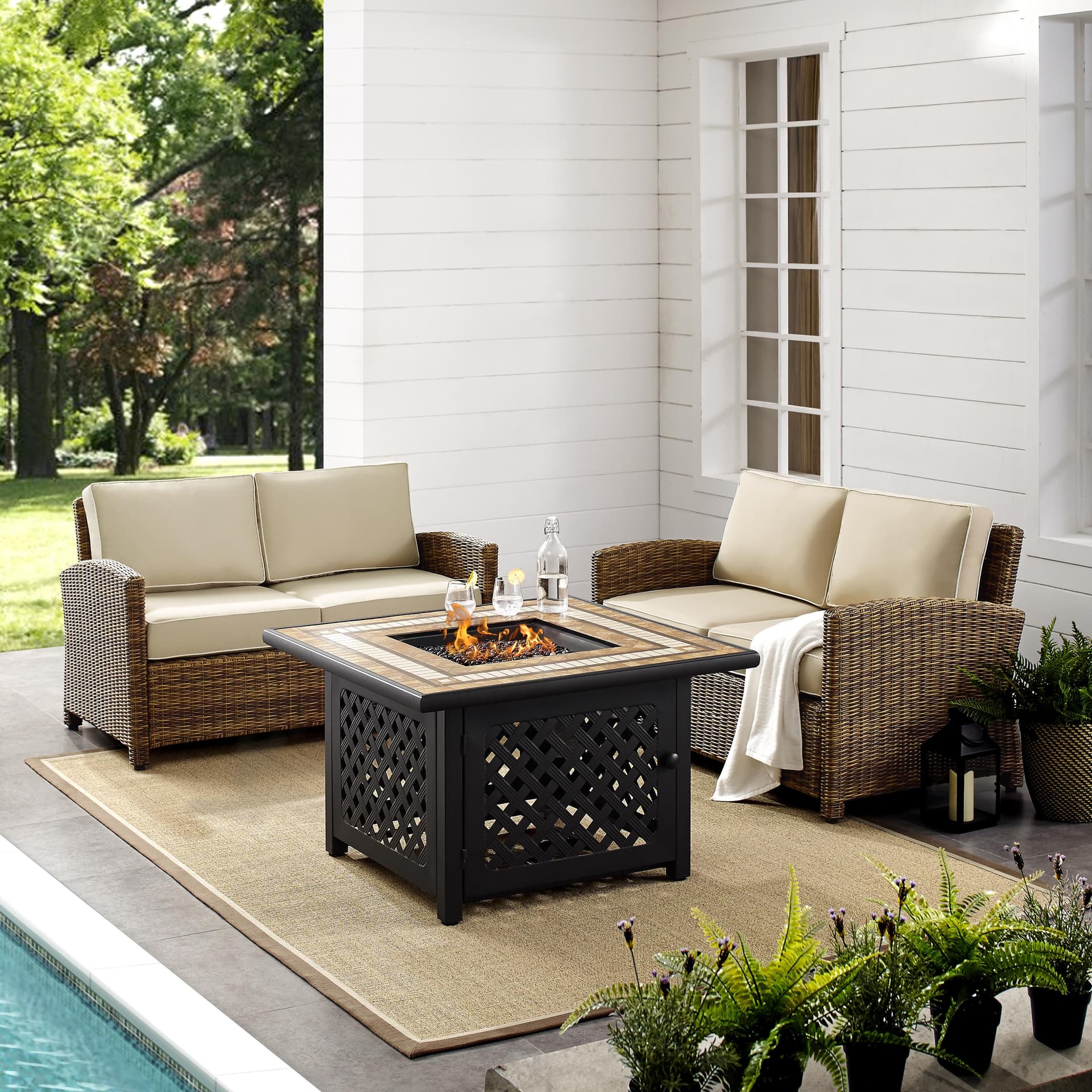 Bradenton 3 Piece Outdoor Loveseat Wicker Seating Set With Sand Cushions