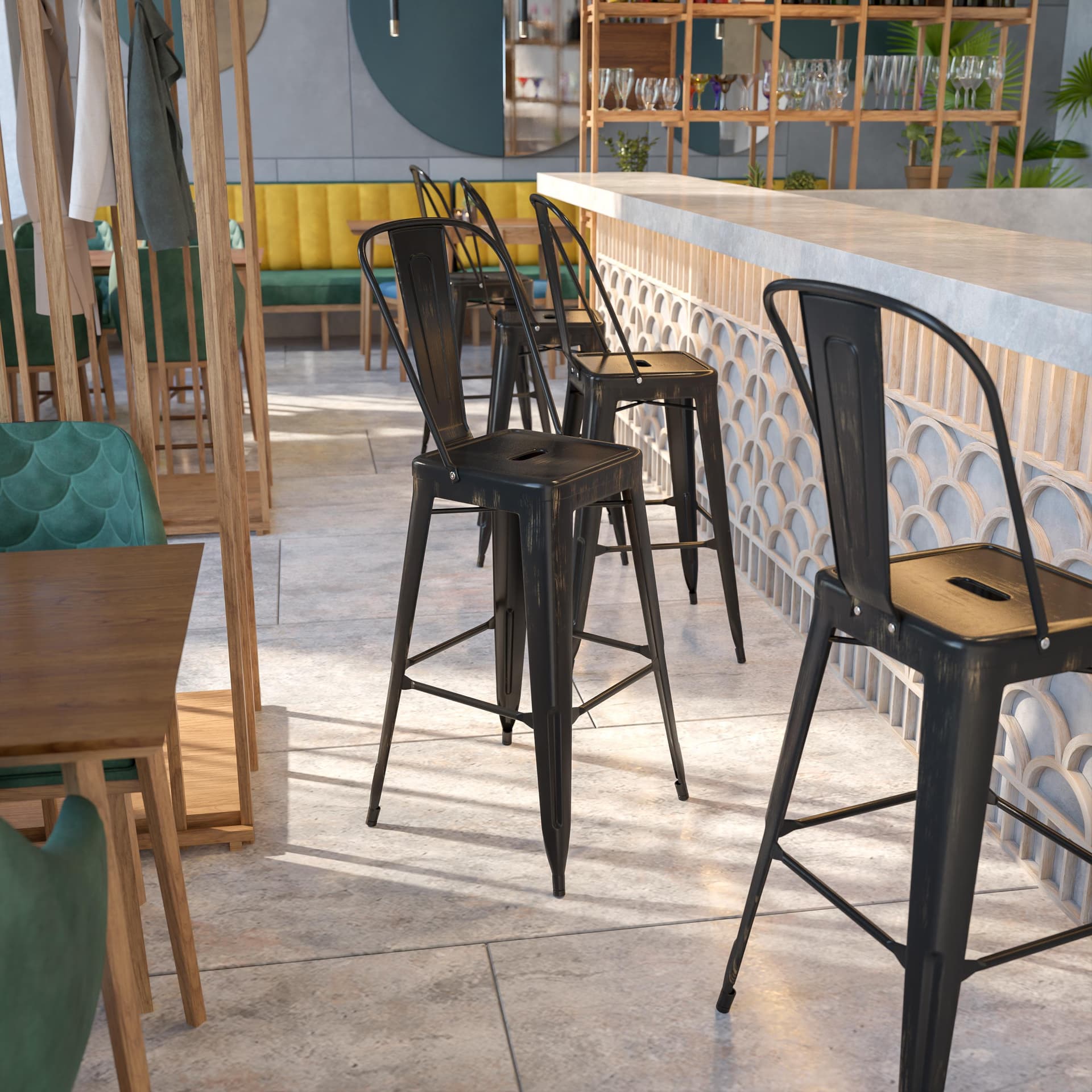 30" High Black-Antique Gold Metal Indoor-Outdoor Barstool with Back
