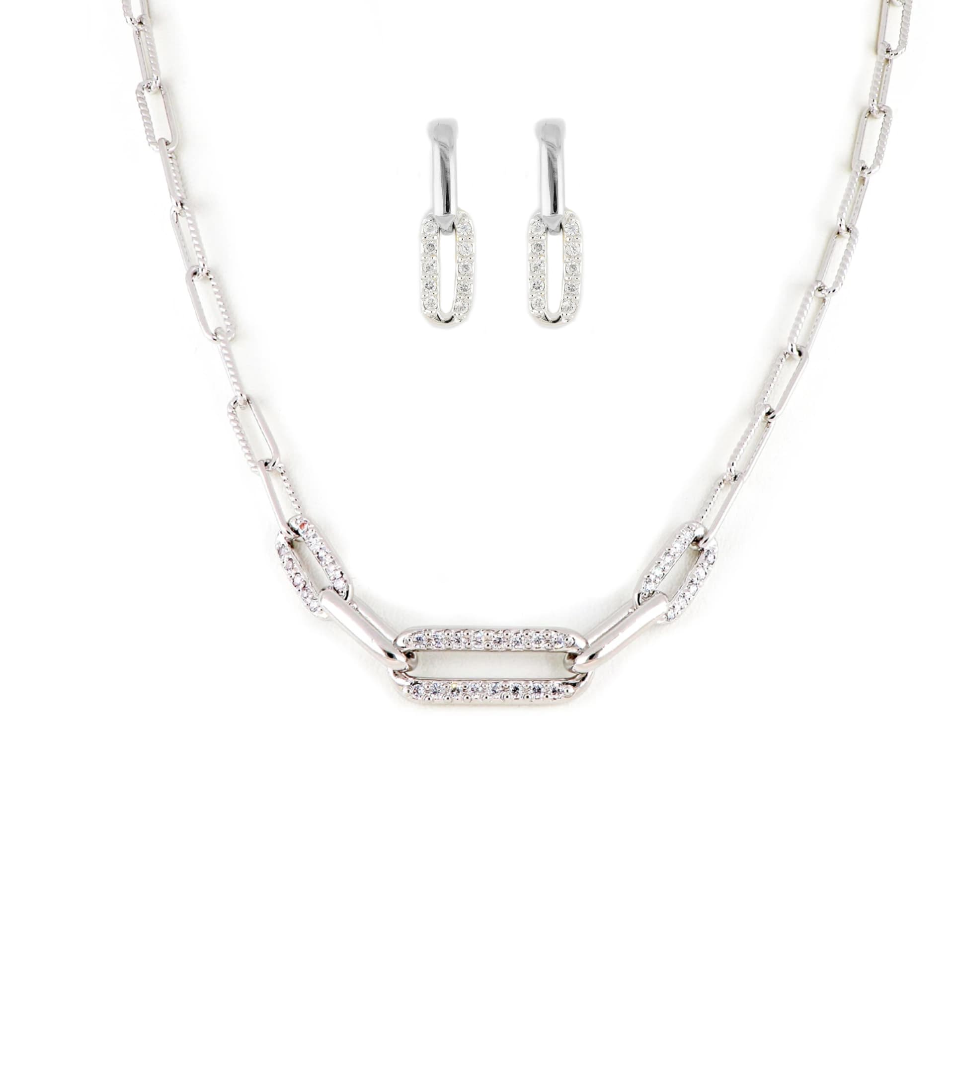 Diamante Set - Large Link Pendant N5342-RF03 and Earrings M5339-RF00 - Rhodium CZ