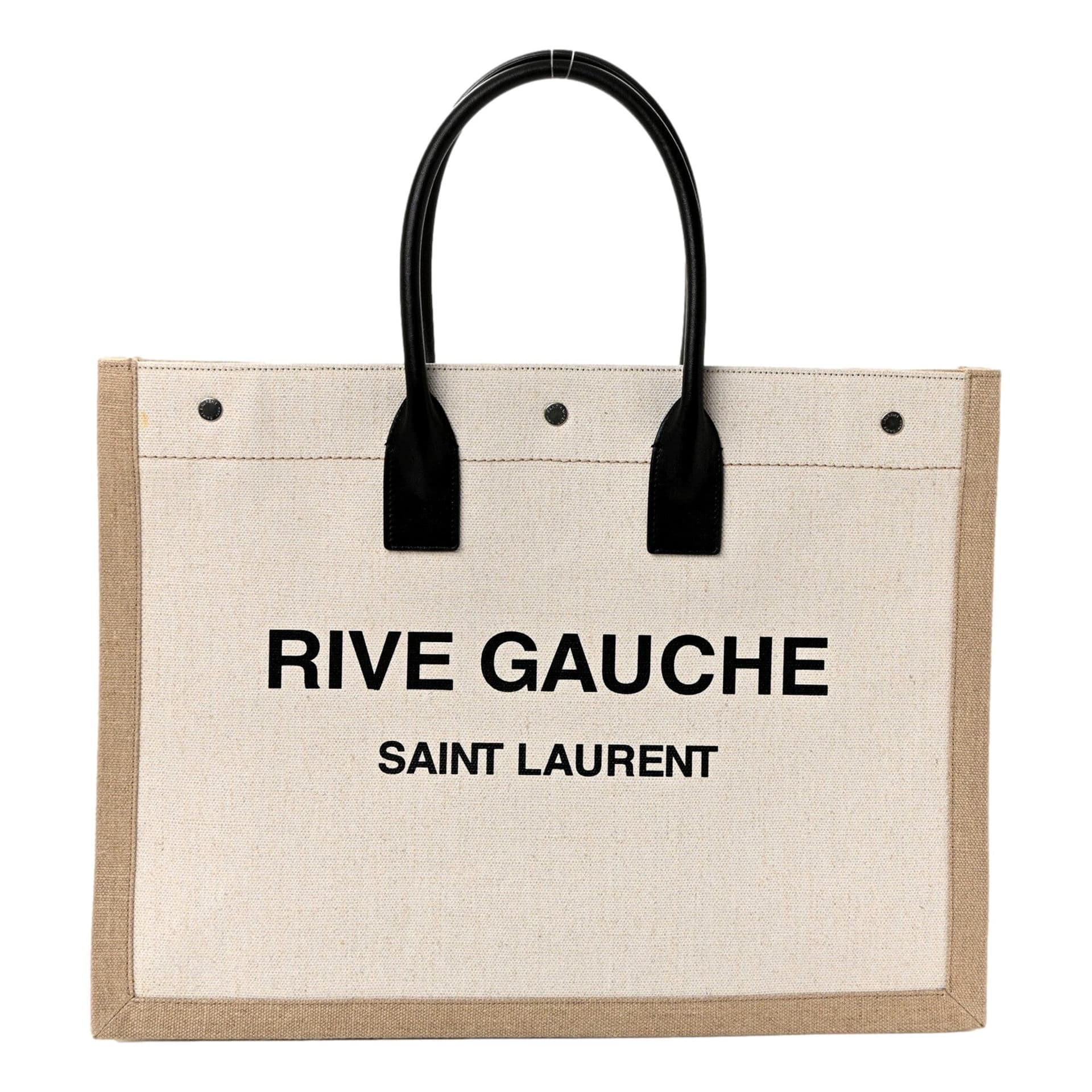 Saint Laurent Rive Gauche Large Tote in Natural Beige Canvas with Black Top Handles