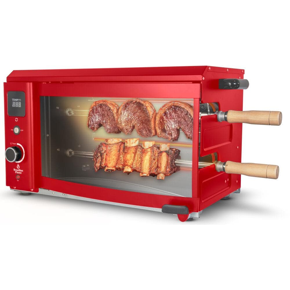 Rotisserie Grill Roaster with 2 Auto Rotating Skewers for Indoor or Outdoor Use in Red