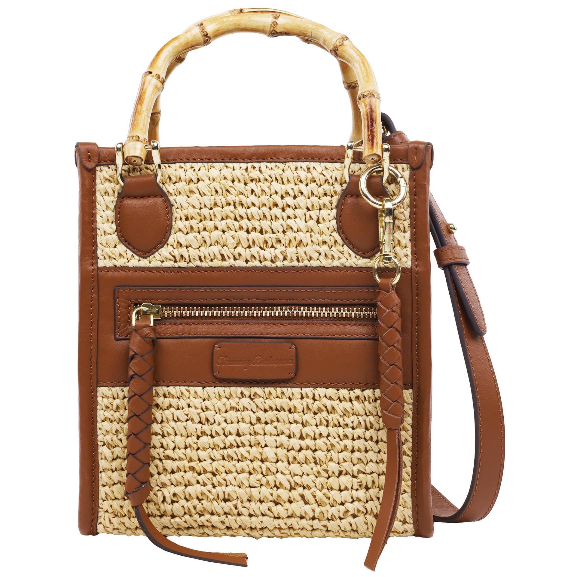 Leather and Raffia Bamboo Handle Tote