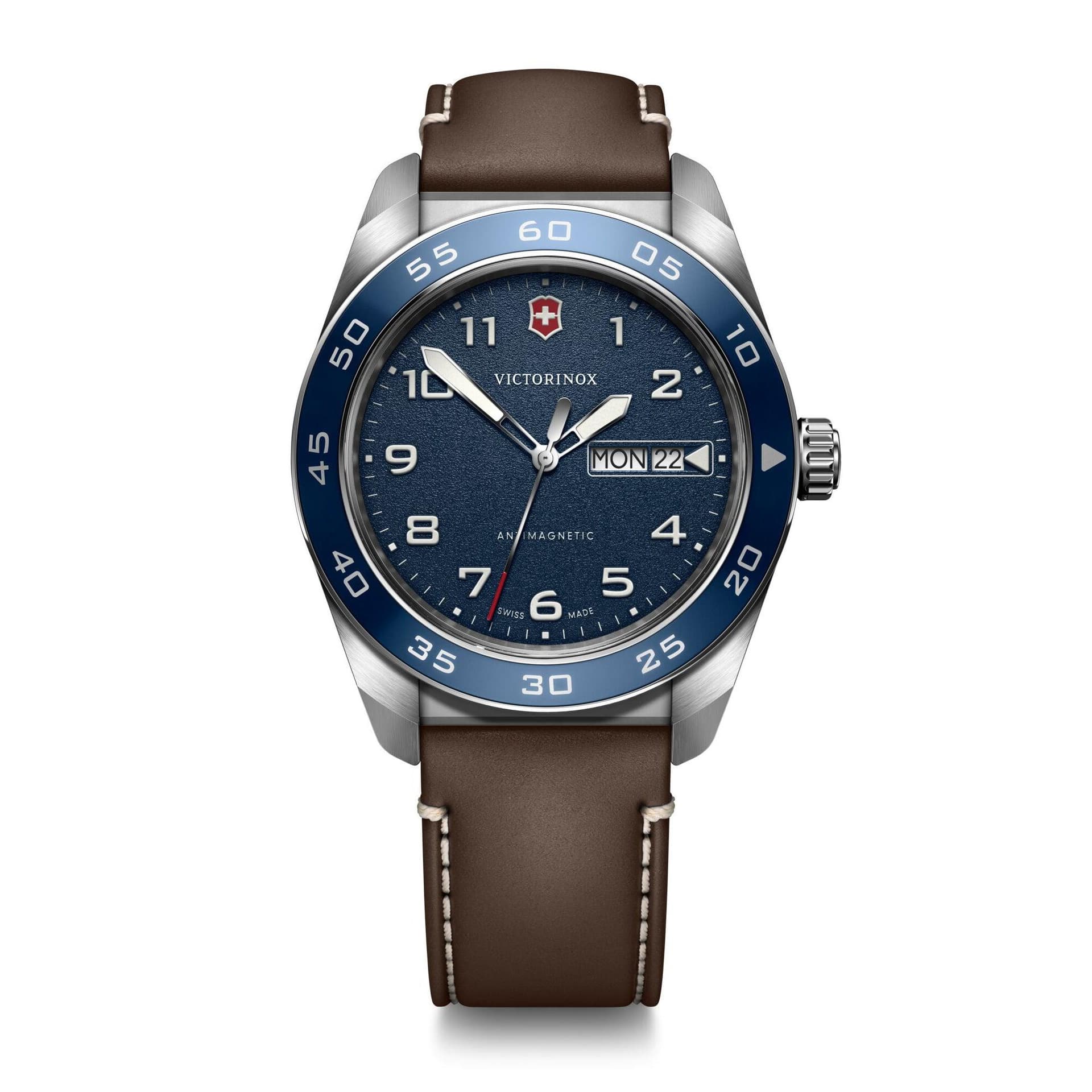 Mens Swiss Army Quartz Silver & Brown Leather Strap Watch Blue Dial