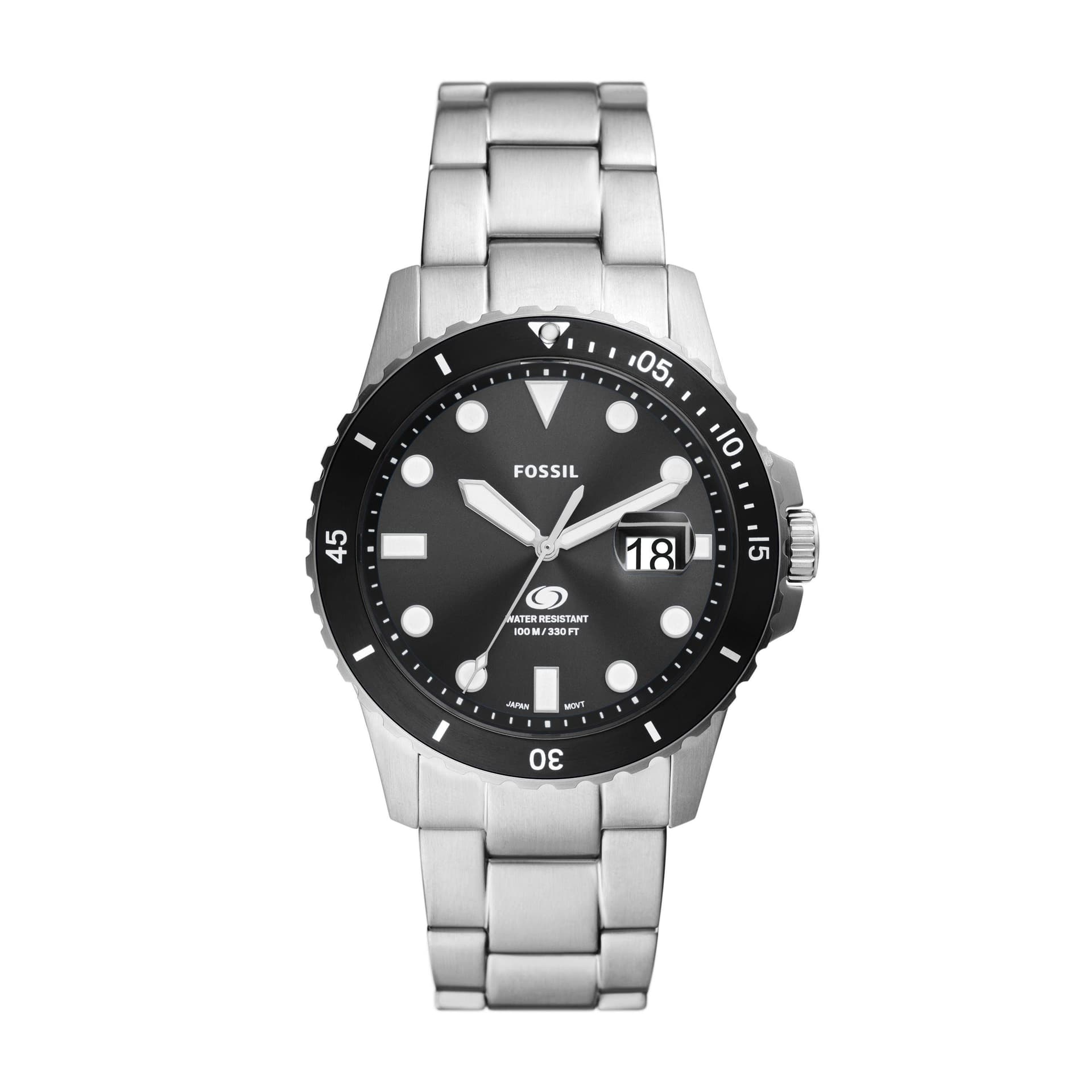 Men's Fossil Blue Silver-Tone Stainless Steel Watch Black Dial