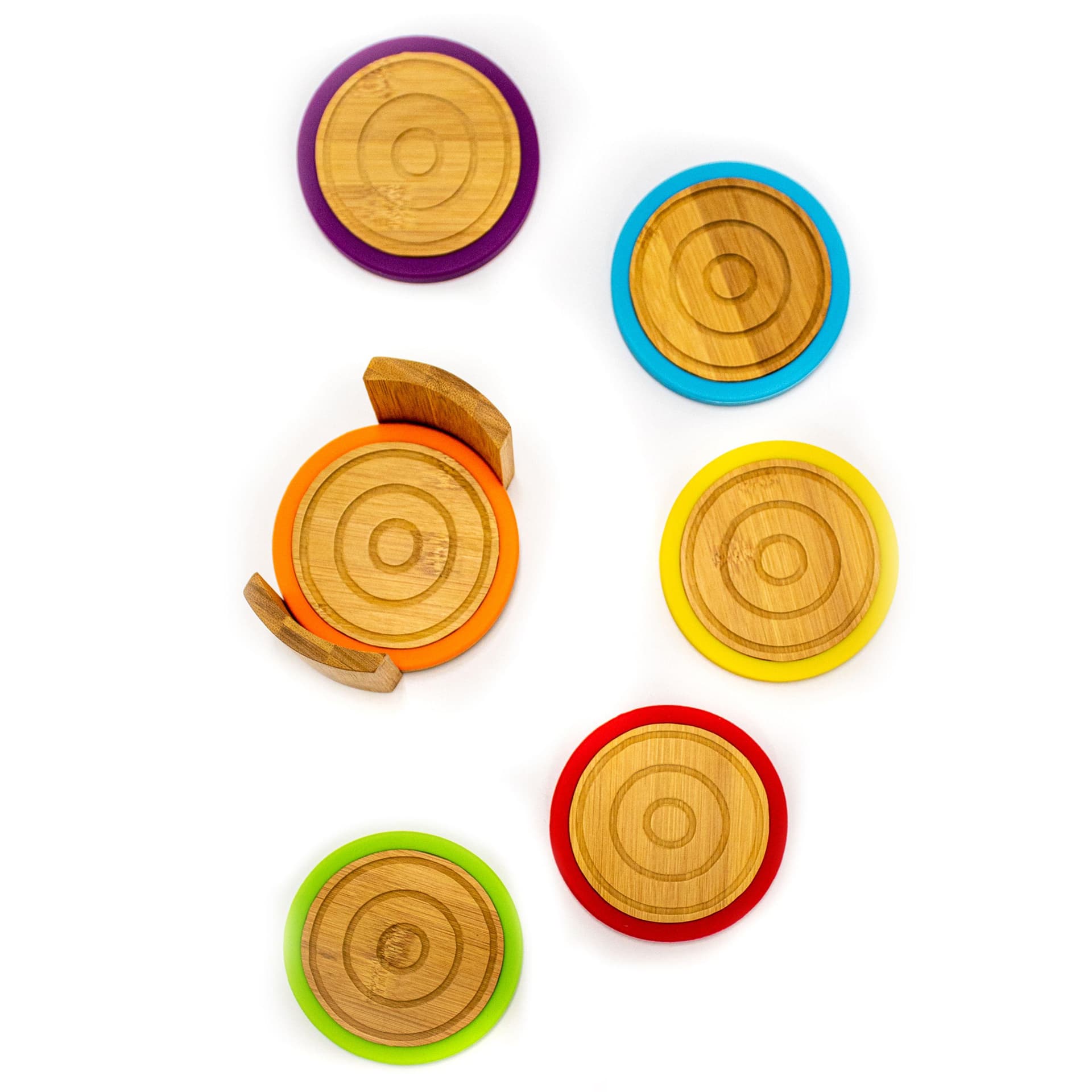 Bamboo 6pc Multi-Color Coaster Set with Silicone Rims