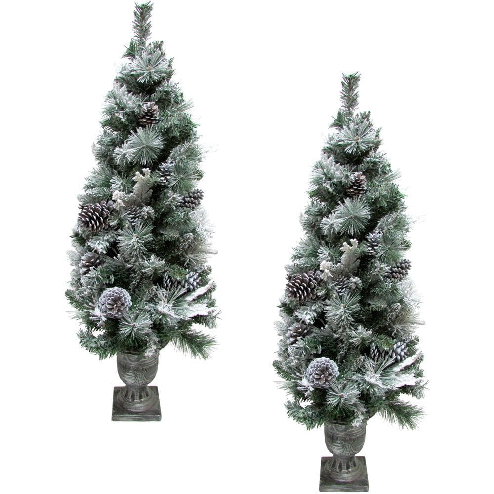 4-Ft. Christmas Snow Flocked Porch Trees with Oversized Pinecones, Set of 2
