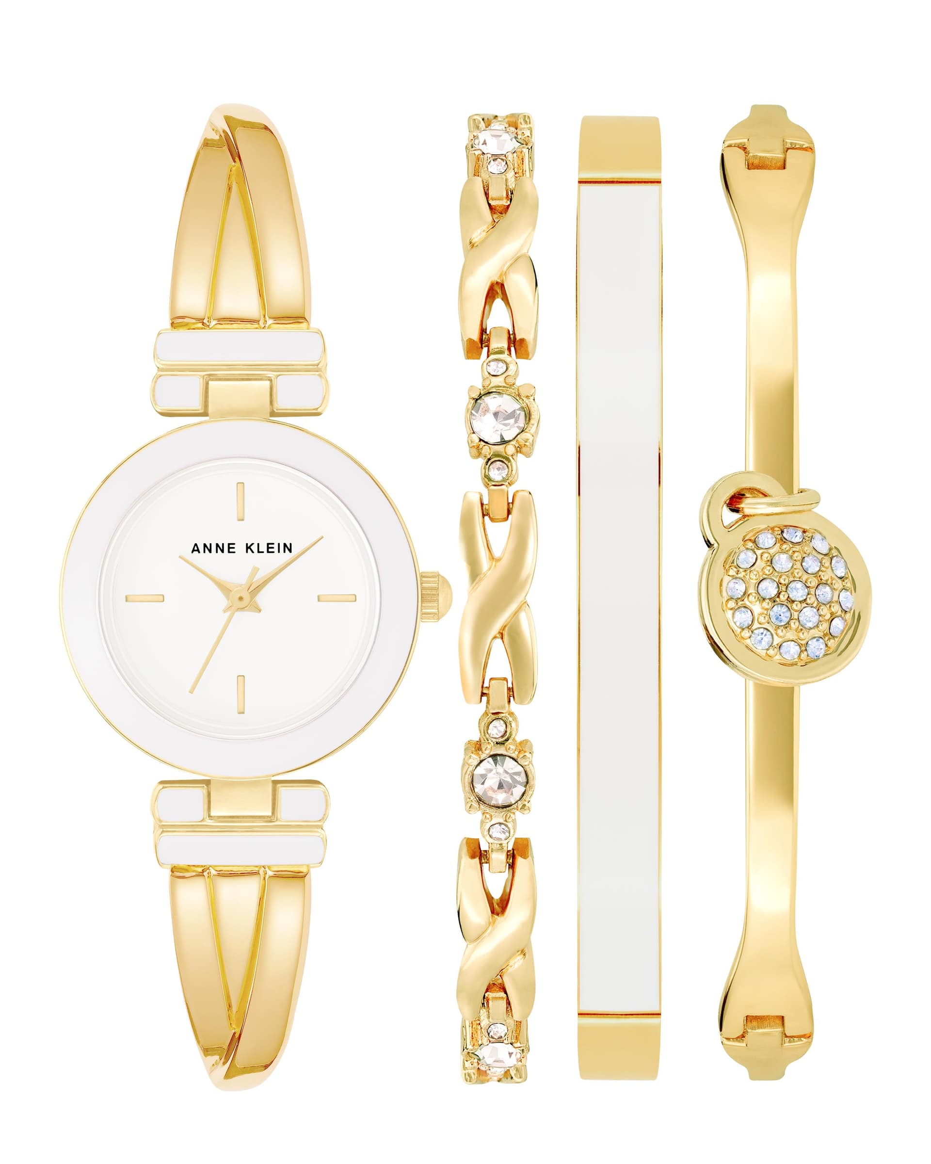 Women's White and Gold Bracelet Watch Set