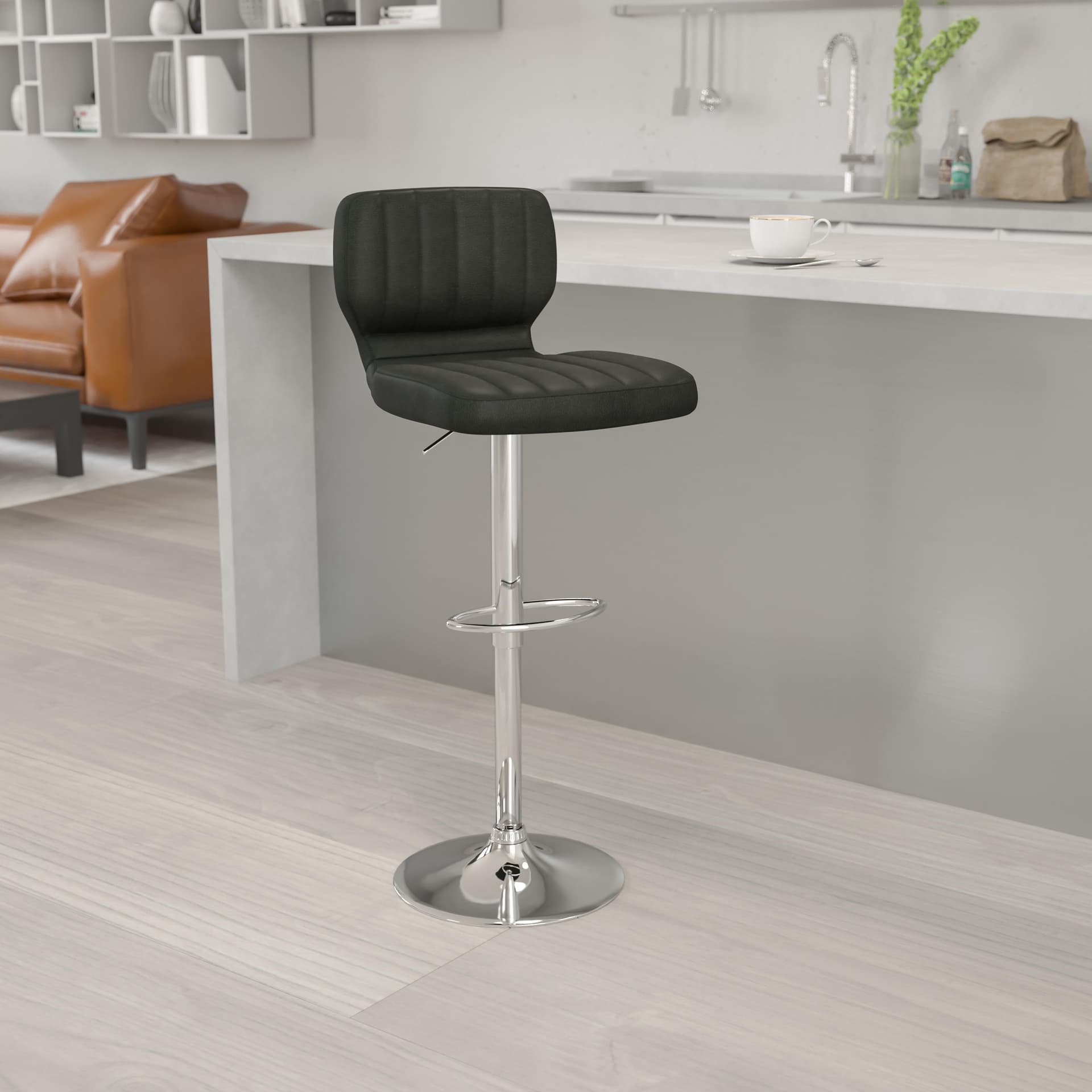 Black Vinyl Adjustable Height Barstool w/ Vertical Stitch Back & Chrome Base