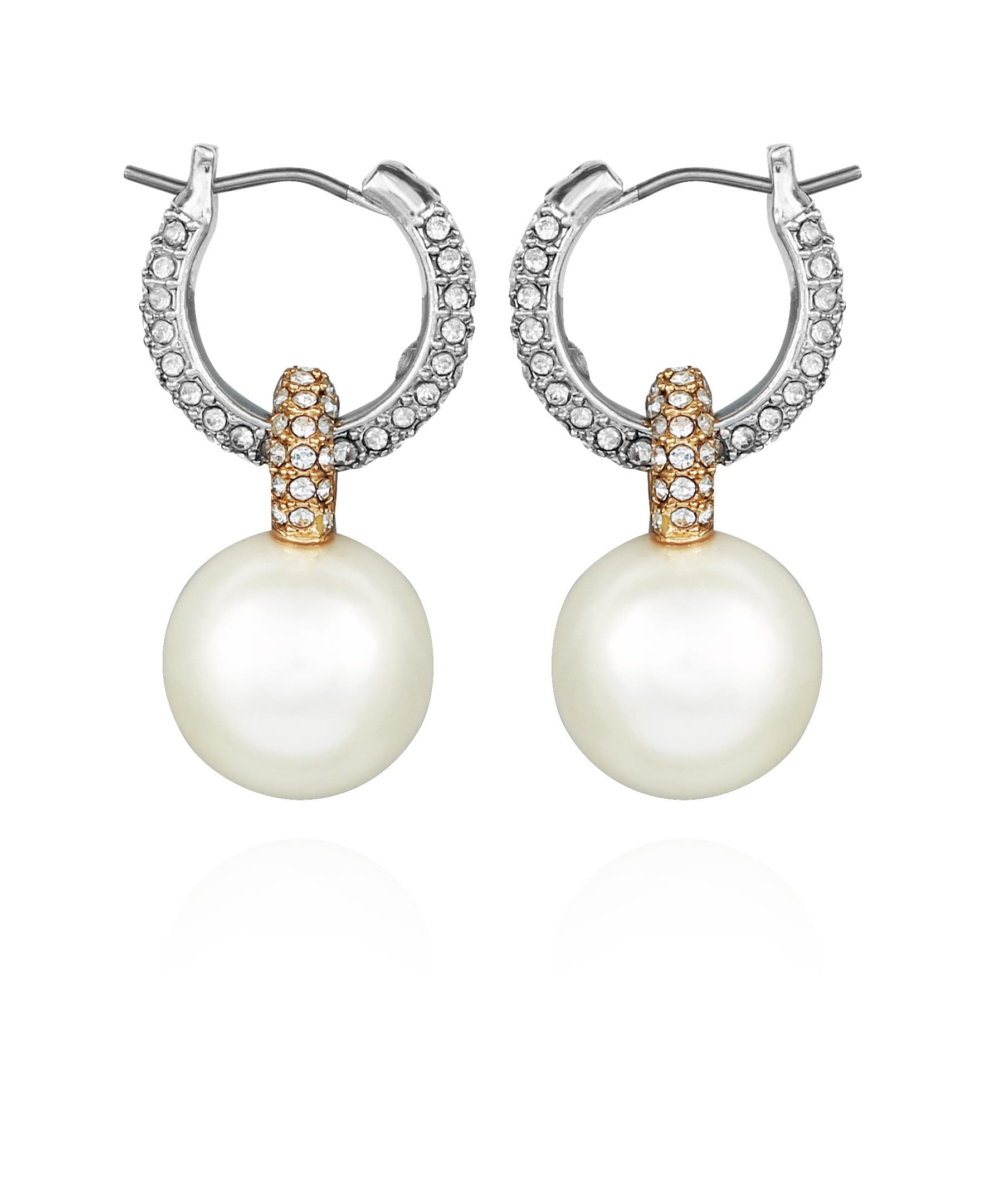 Two-Tone Crystal Huggie with Faux Pearl Drop Earrings