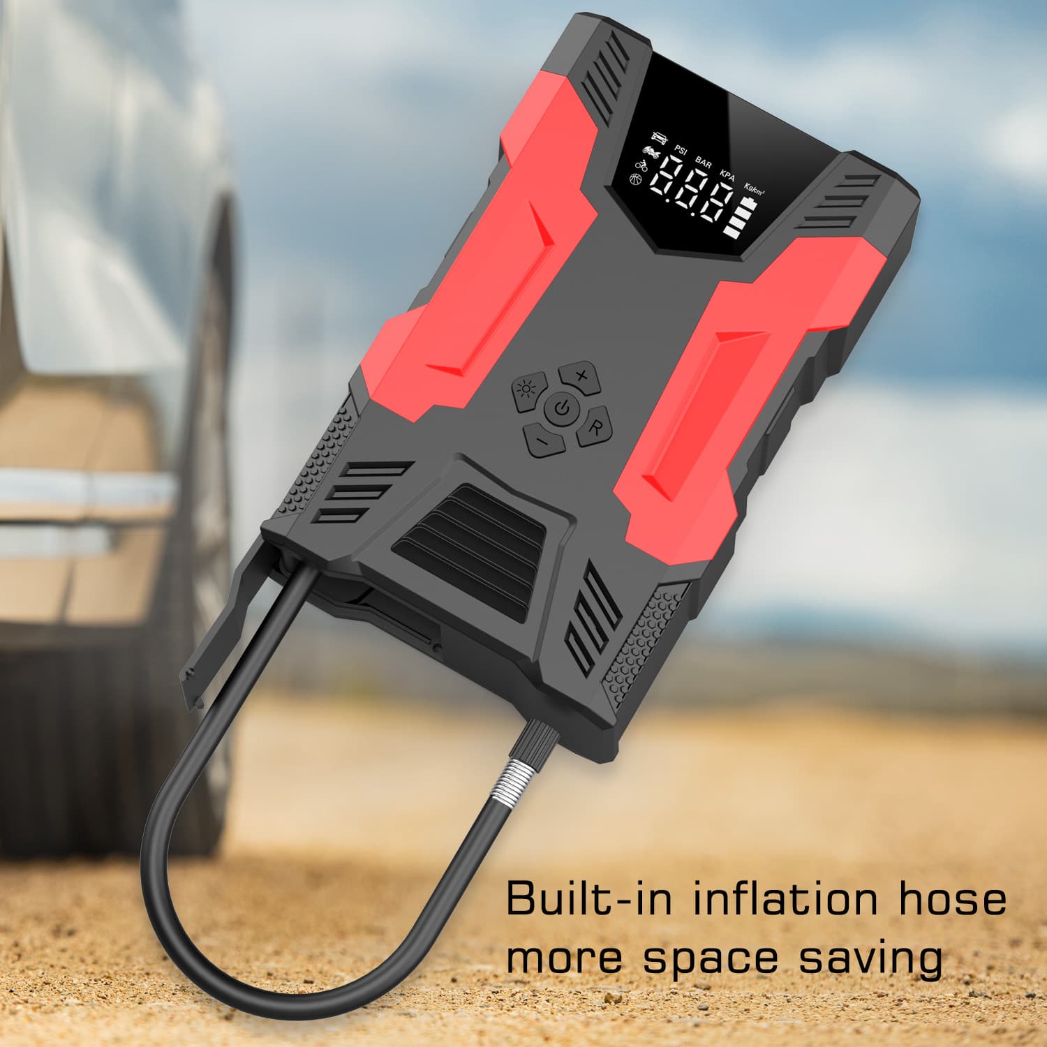 Car Jump Starter with Air Compressor and Hose, Up to 7.0L Gas/5.0L Diesel Vehicles, LED Flashlight, Power Bank, 10,000 mAh Capacity