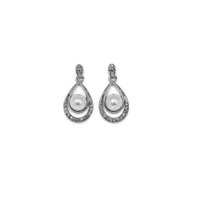 Silver Tone Pearl and Crystal Teardrop Earrings