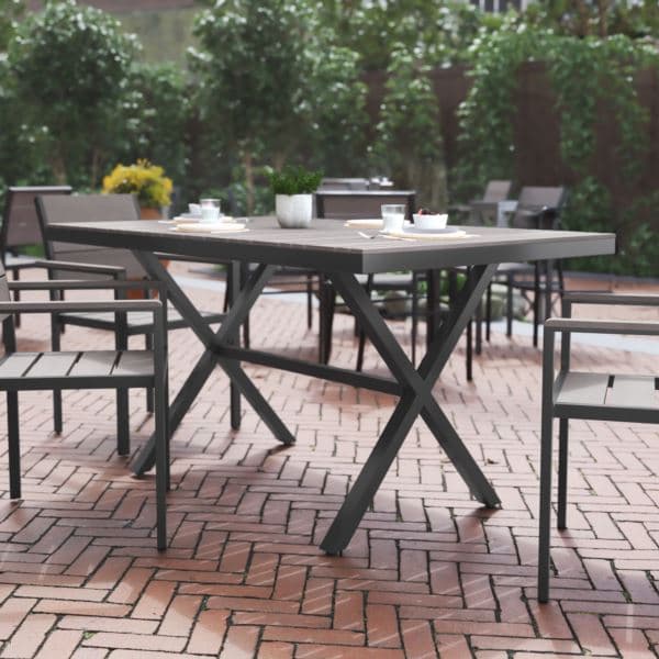 Commercial 59 x 35.5 Cross Frame Faux Teak Outdoor Patio Table - Gray/Gray