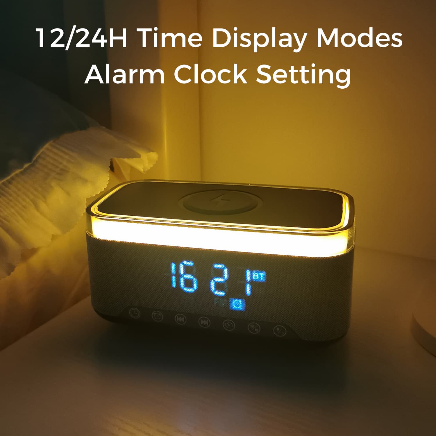 Bluetooth Speaker Alarm Clock w/ 15W Fast Wireless Charging, 13 Night Light modes, Rechargeable Battery, 10W Stereo Speaker, 12/24H Digital Clock, Sleep Timer, White Noise Mode, US