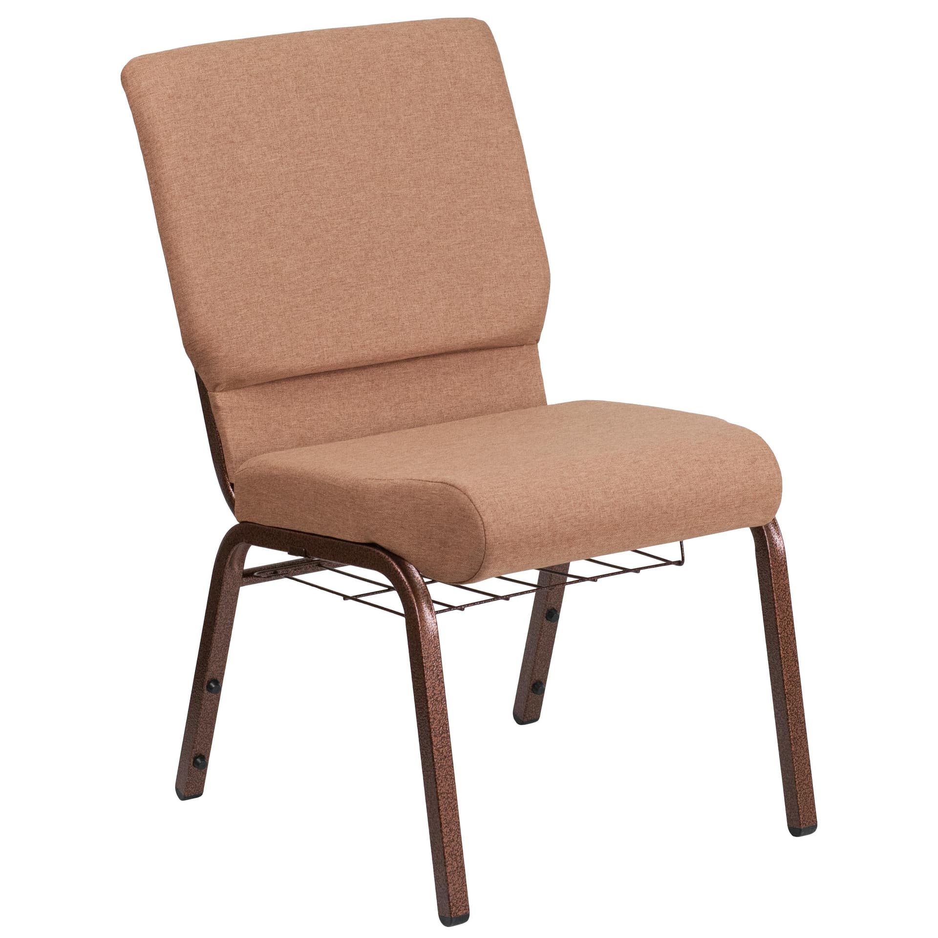 18.5"W Church Chair in Caramel Fabric with Cup Book Rack - Copper Vein Frame