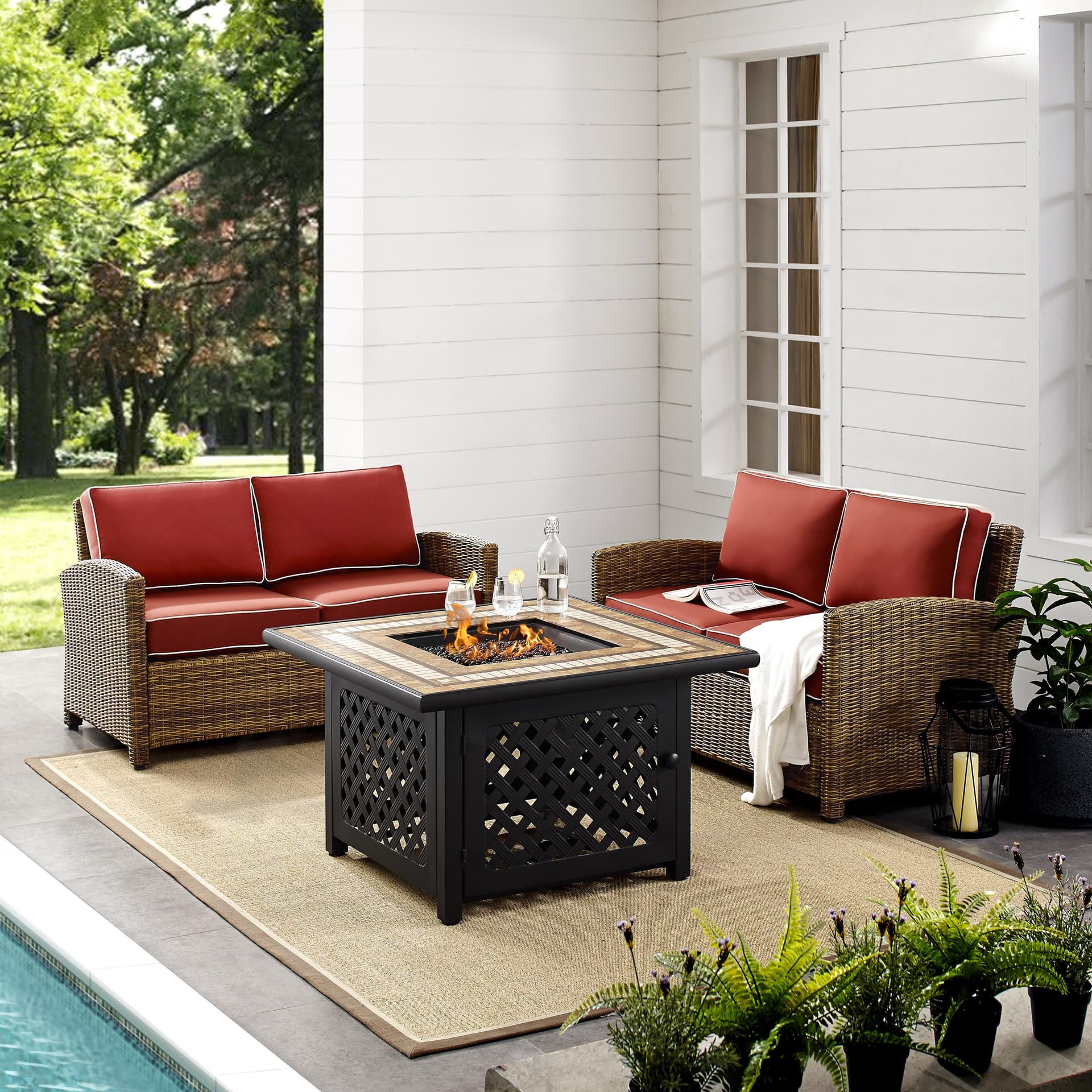 Bradenton 3 Piece Outdoor Loveseat Wicker Seating Set With Sangria Cushions