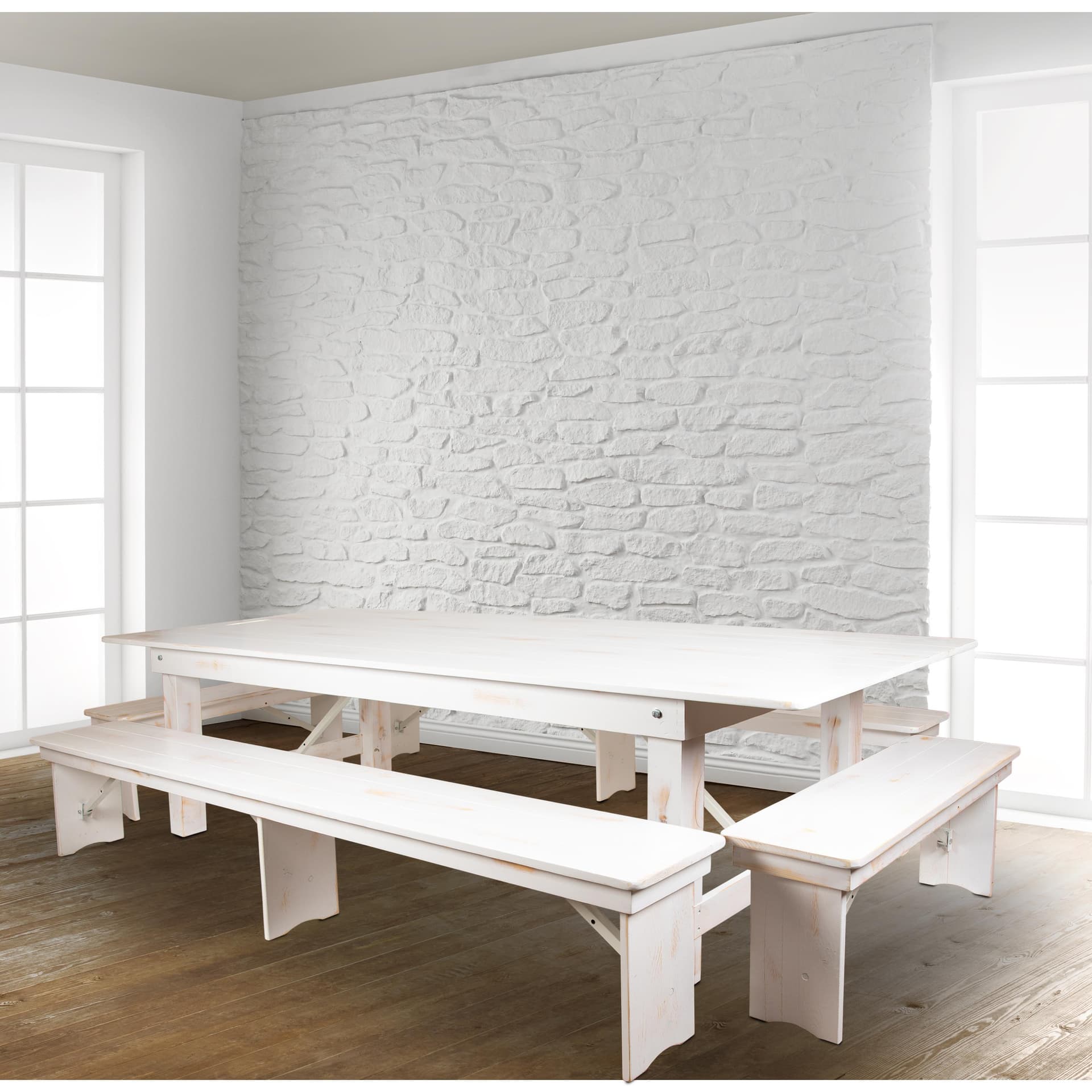 5 Piece Set-9' x 40" Antique Rustic White Folding Farm Table and Four Bench Set