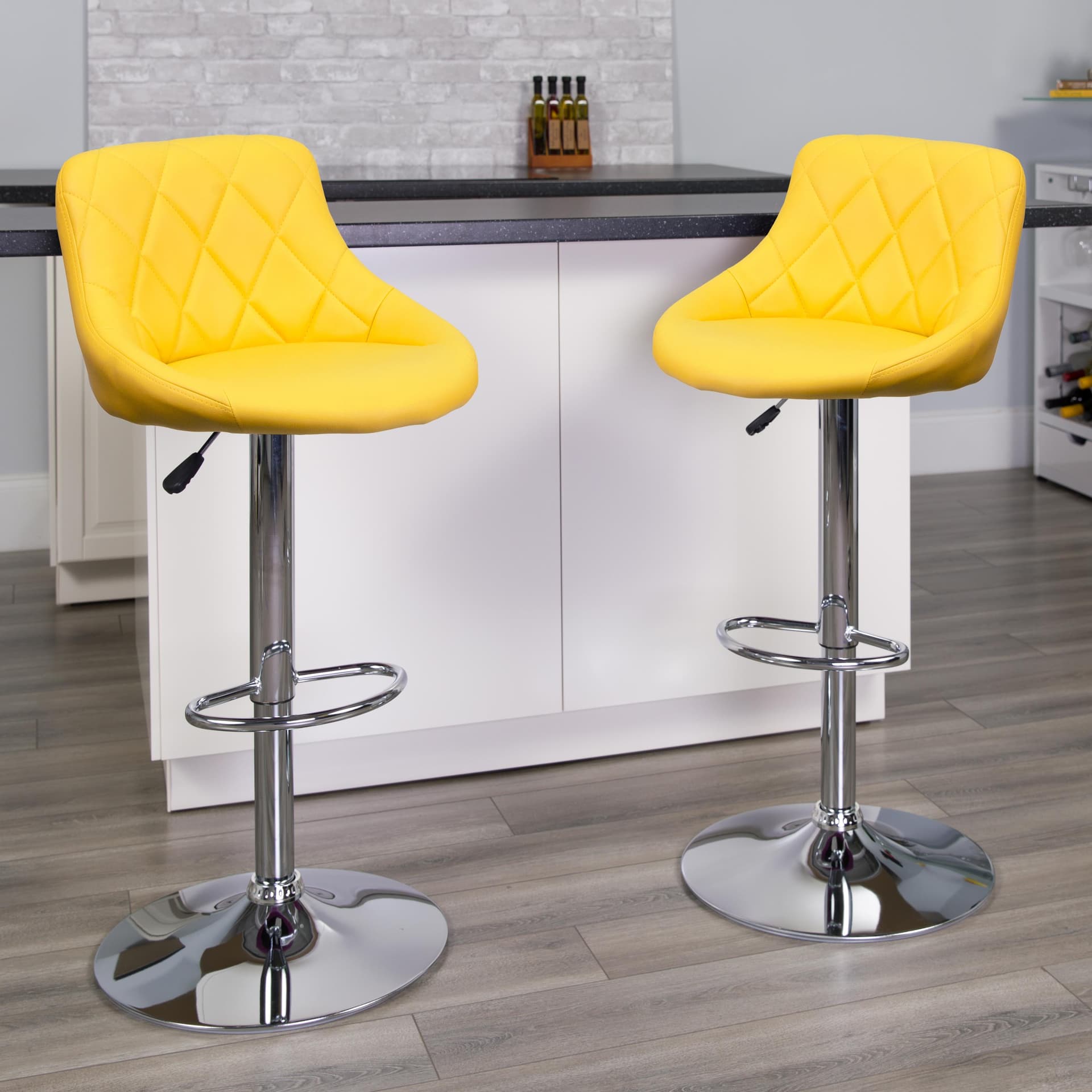 Yellow Vinyl Bucket Seat Adjustable Height Barstool with Diamond Pattern Back