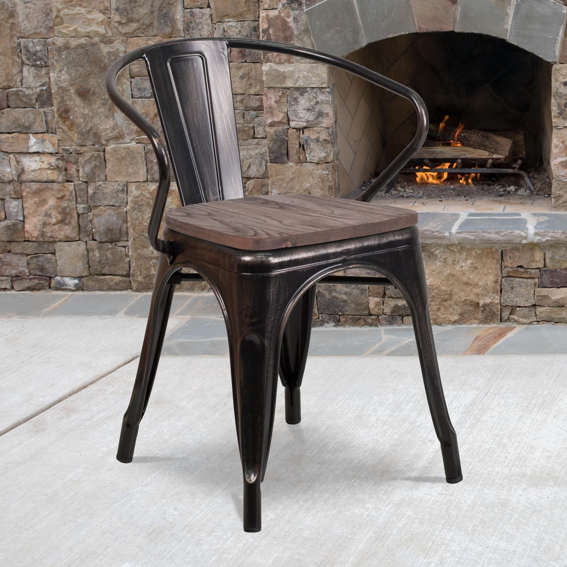 Black-Antique Gold Stackable Metal Chair with Wood Seat and Arms - Bistro Chair