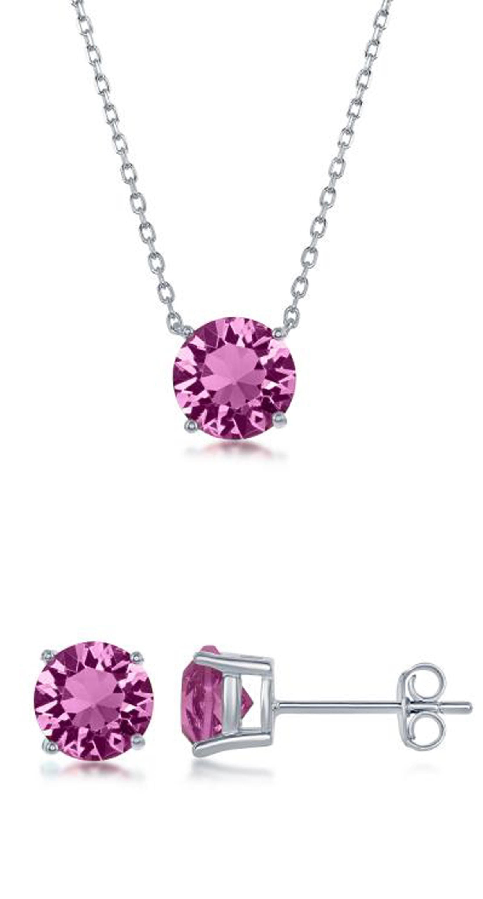 Sterling Silver & Rose "October" Swarovski Crystal Post Earrings And Necklace Set